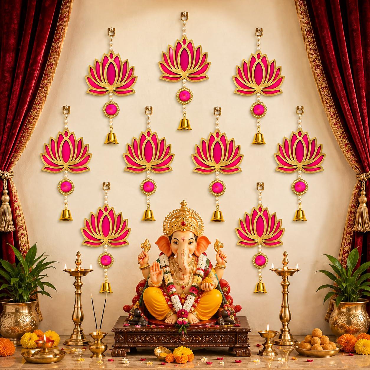 TIED RIBBONS Pack of 10 Wall Door Hanging Lotus Latkan Toran with Bells (22.8 cm x 9.6 cm) - Main Door Entrance Pooja Room Temple Wedding Festival - Decoration Items for Ganesh Chaturthi Home Décor