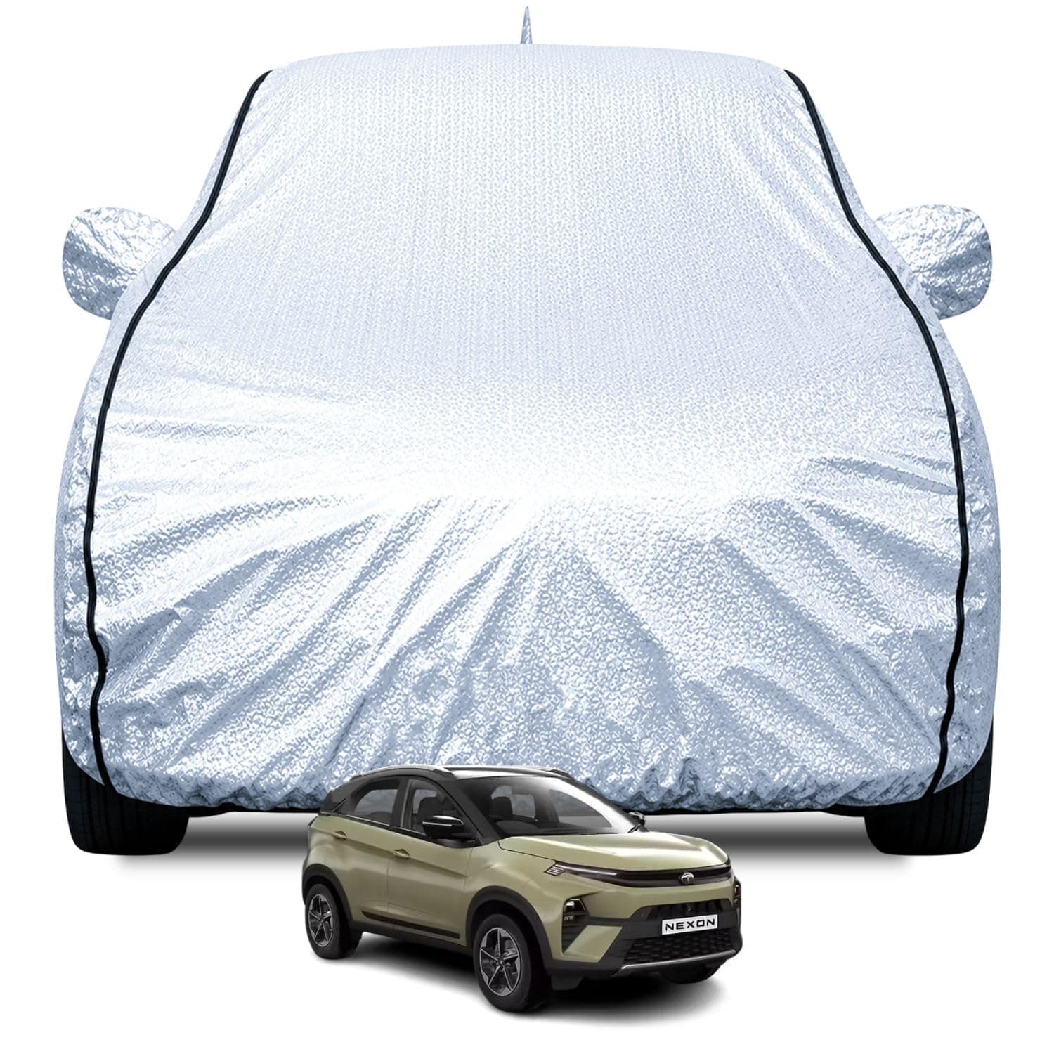 FABTEC Waterproof Car Body Cover for Tata nexon (2020-2023) with Mirror and Antenna Pocket, Soft Cotton Lining, Triple Stitched (Heat Resistant Metallic Silver with Black Piping)