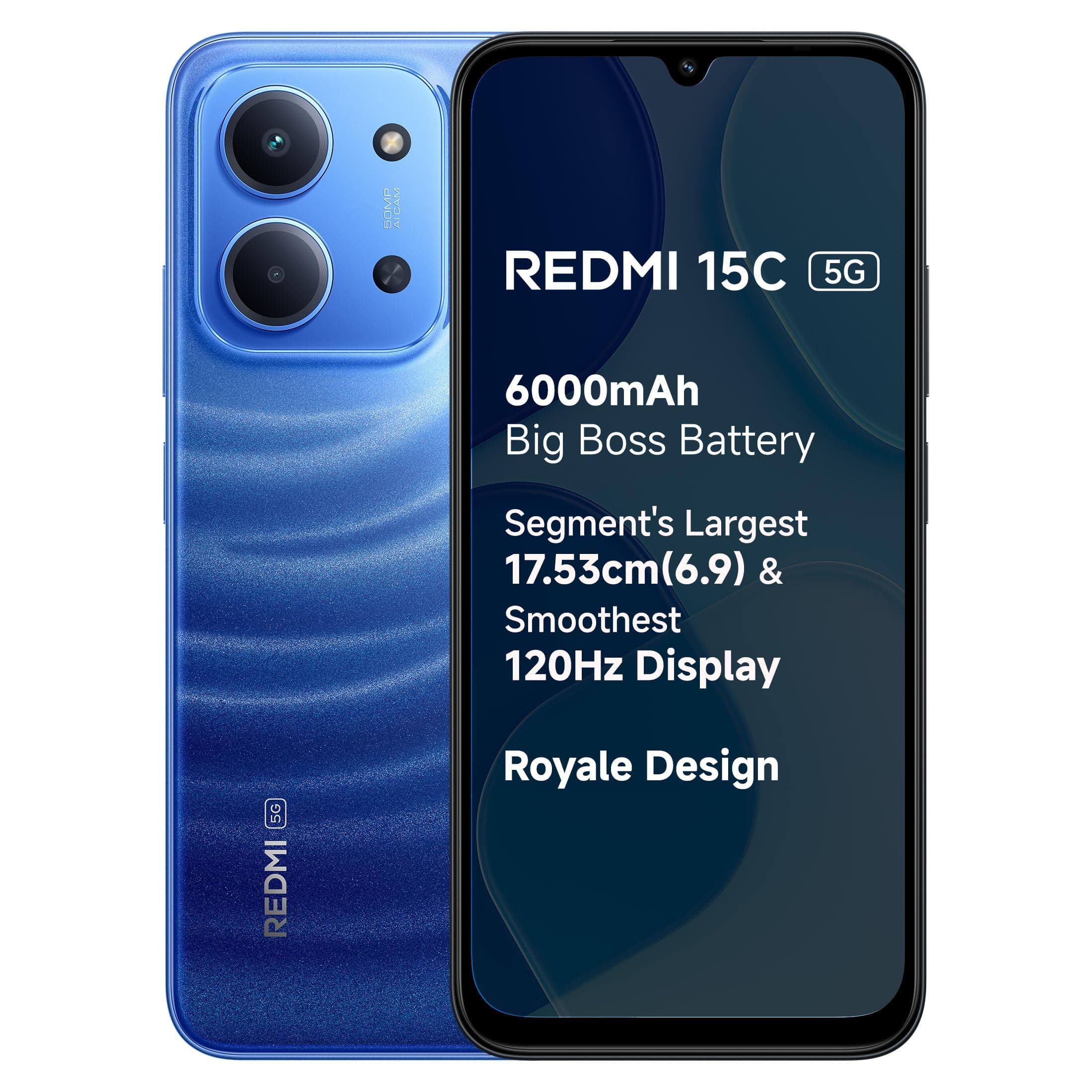 REDMI 15C 5G Moonlight Blue 6GB + 128GB | Royale Design | Massive 6000mAh Battery | Segment's Largest Display 17.53cm Up to 120Hz | MediaTek Dimensity 6300 | 33W Fast Charging | 50MP AI Dual Camera