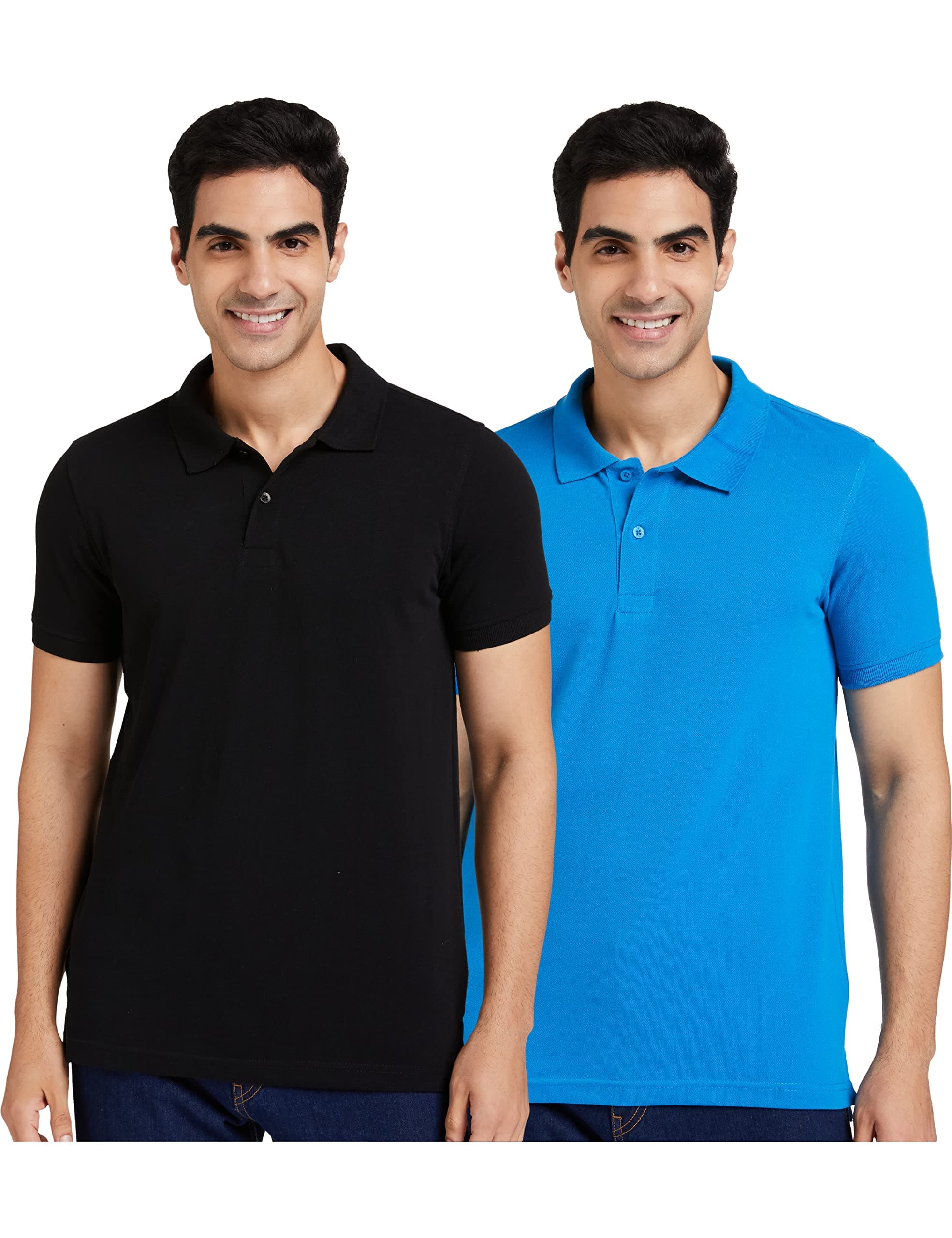 Amazon Brand - Symbol Men's Cotton Rich Polo T Shirt | Collar Tshirts | Half Sleeves | Plain (Combo Pack of 2) - Regular Fit (Black & Terrain Blue_2XL)