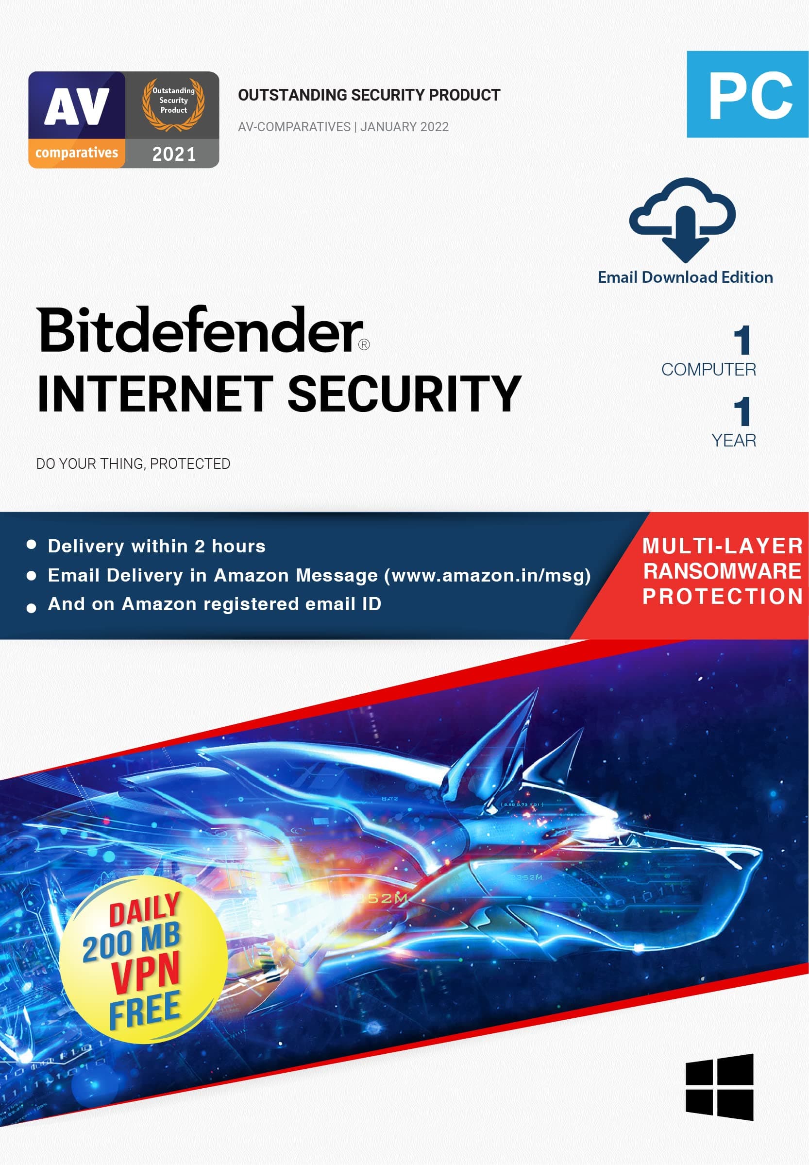 Bitdefender - 1 Computer,1 Year - Internet Security | Windows | Latest Version | Email Delivery in 2 Hours- No CD |