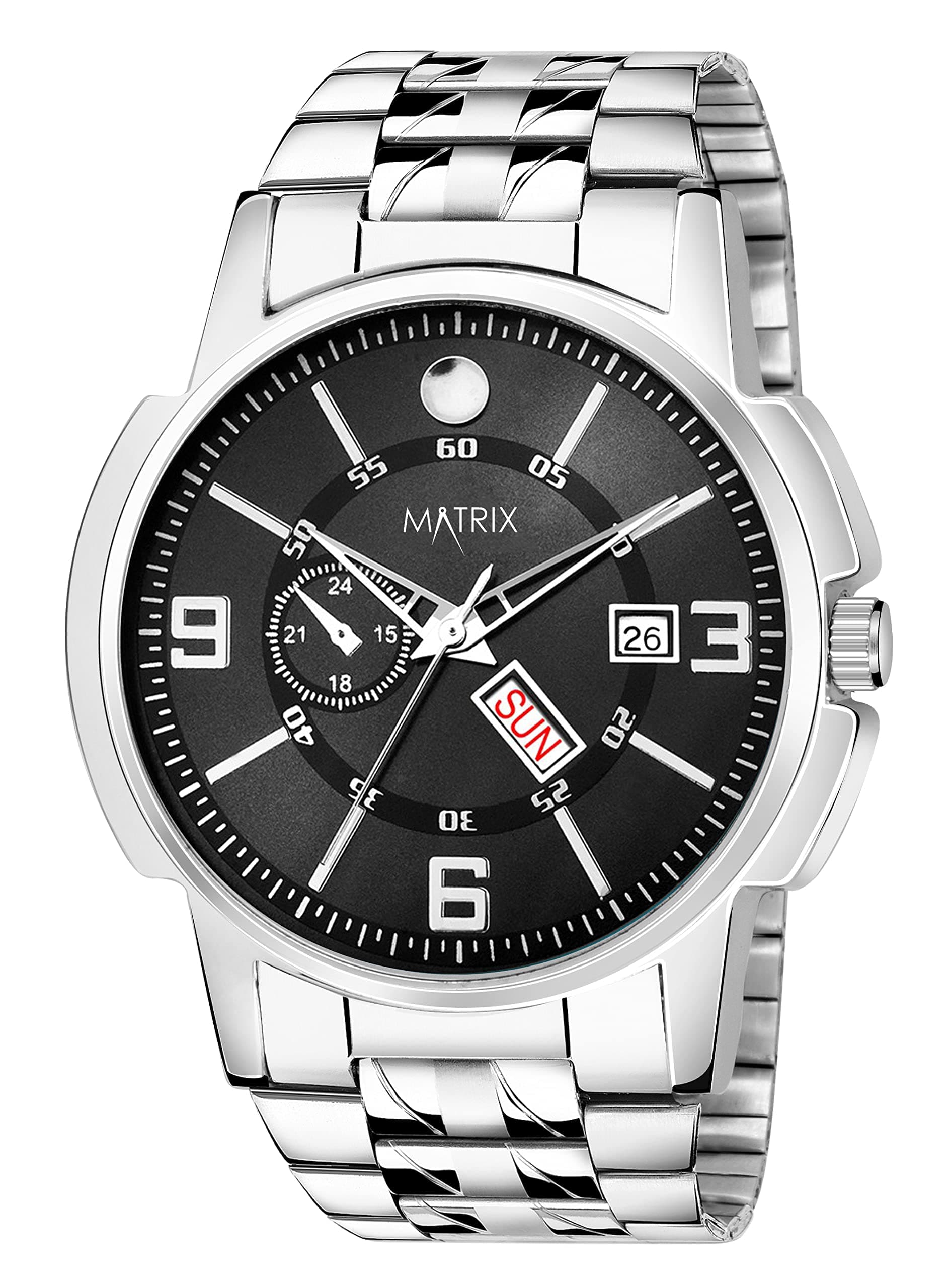 Matrix Black, Blue, White Dial, Day & Date Functioning, Stainless Steel Strap Analog Watch for Men & Women (Black)