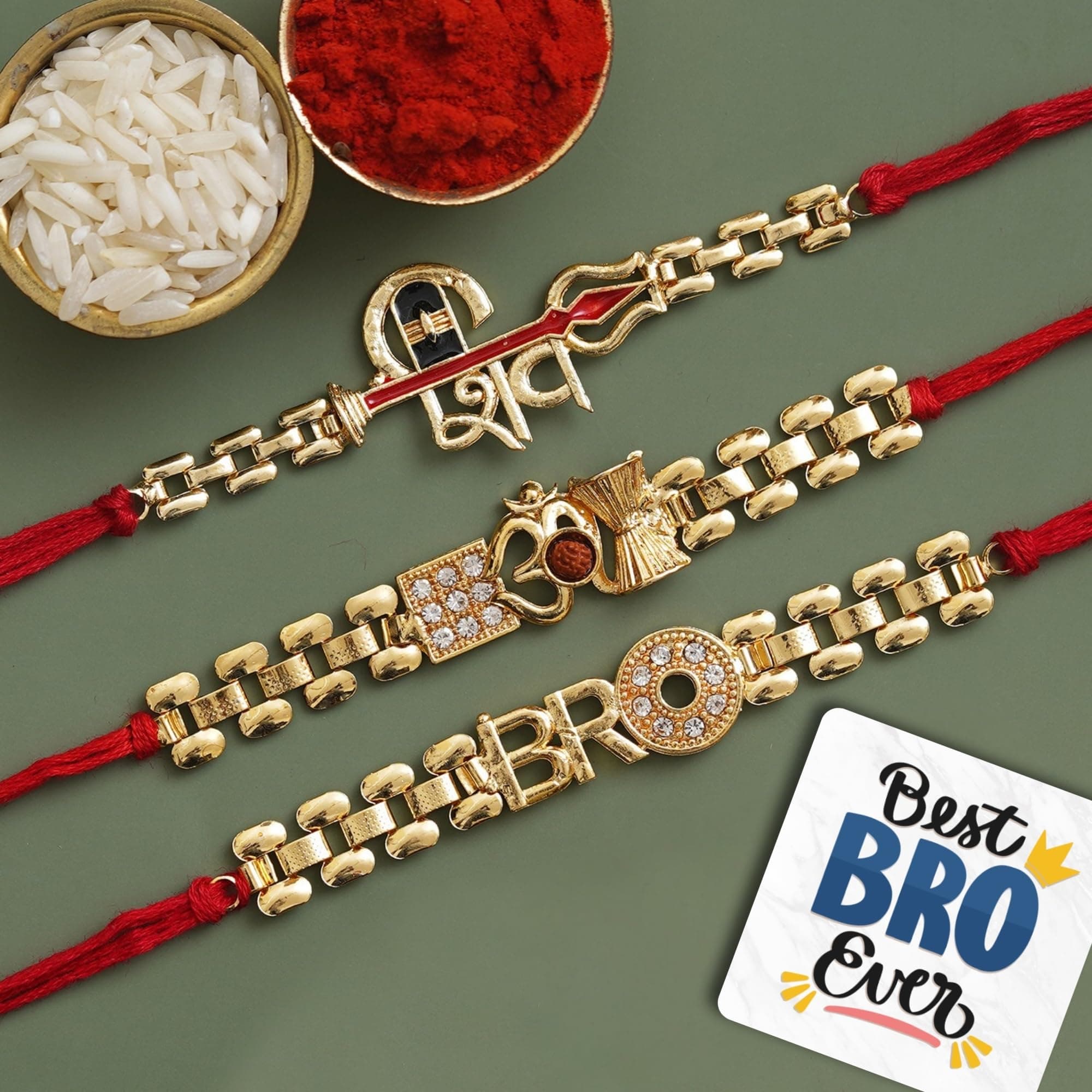 eCraftIndia Set of 3 Golden & Red Lord Shiv Damru, Om, Bro Designer Religious Rakhis, Best Bro Ever Fridge Magnet with Roli Chawal Pack - Rakhi for Brother, Bhaiya, Bhai