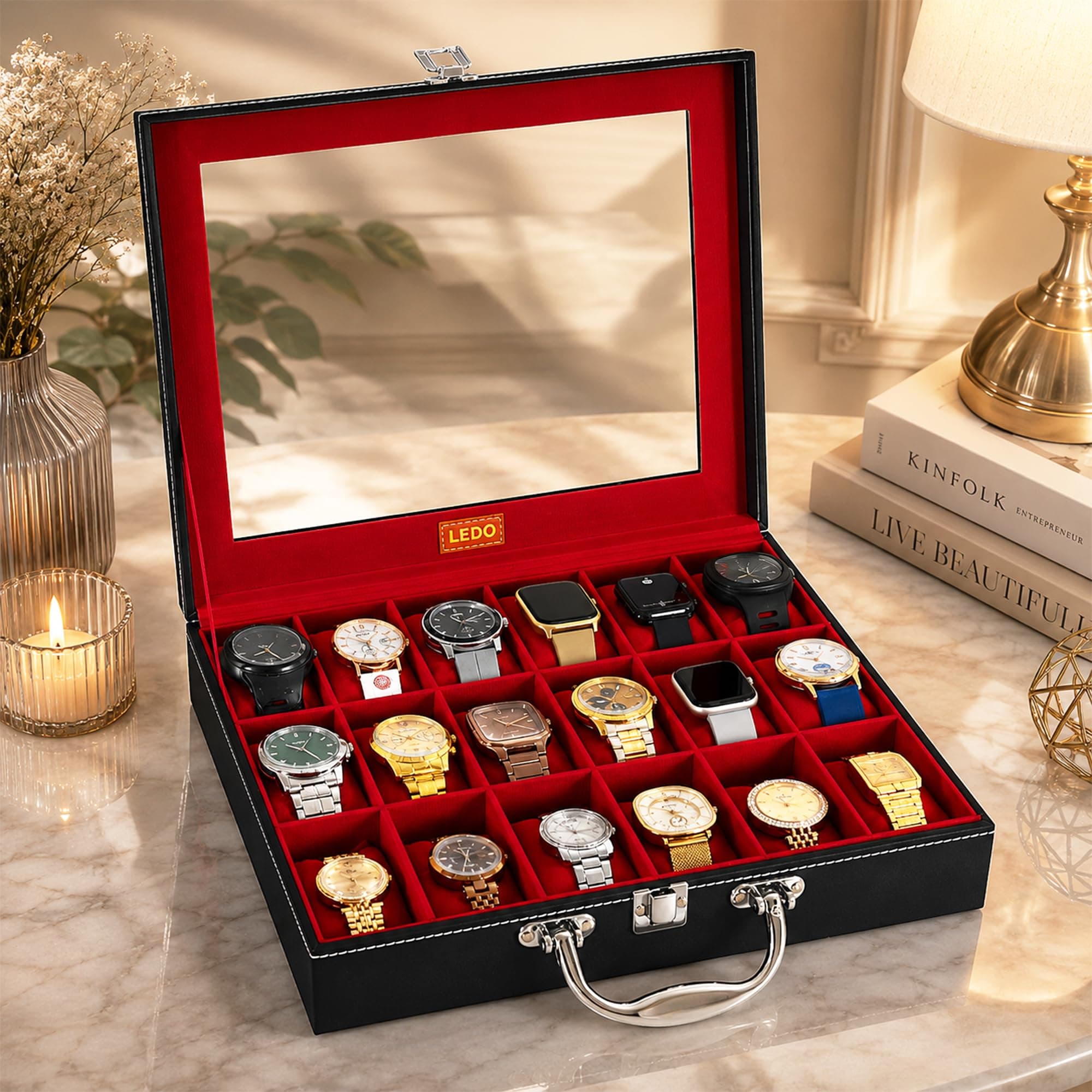 LEDO 18-Slot Watch Box Organizer Case, Black and Cherry PU Leather, Glass Top Display Storage Case with Red Interior, Modern Style Watch Holder for Men and Women, 34x31x8 cm