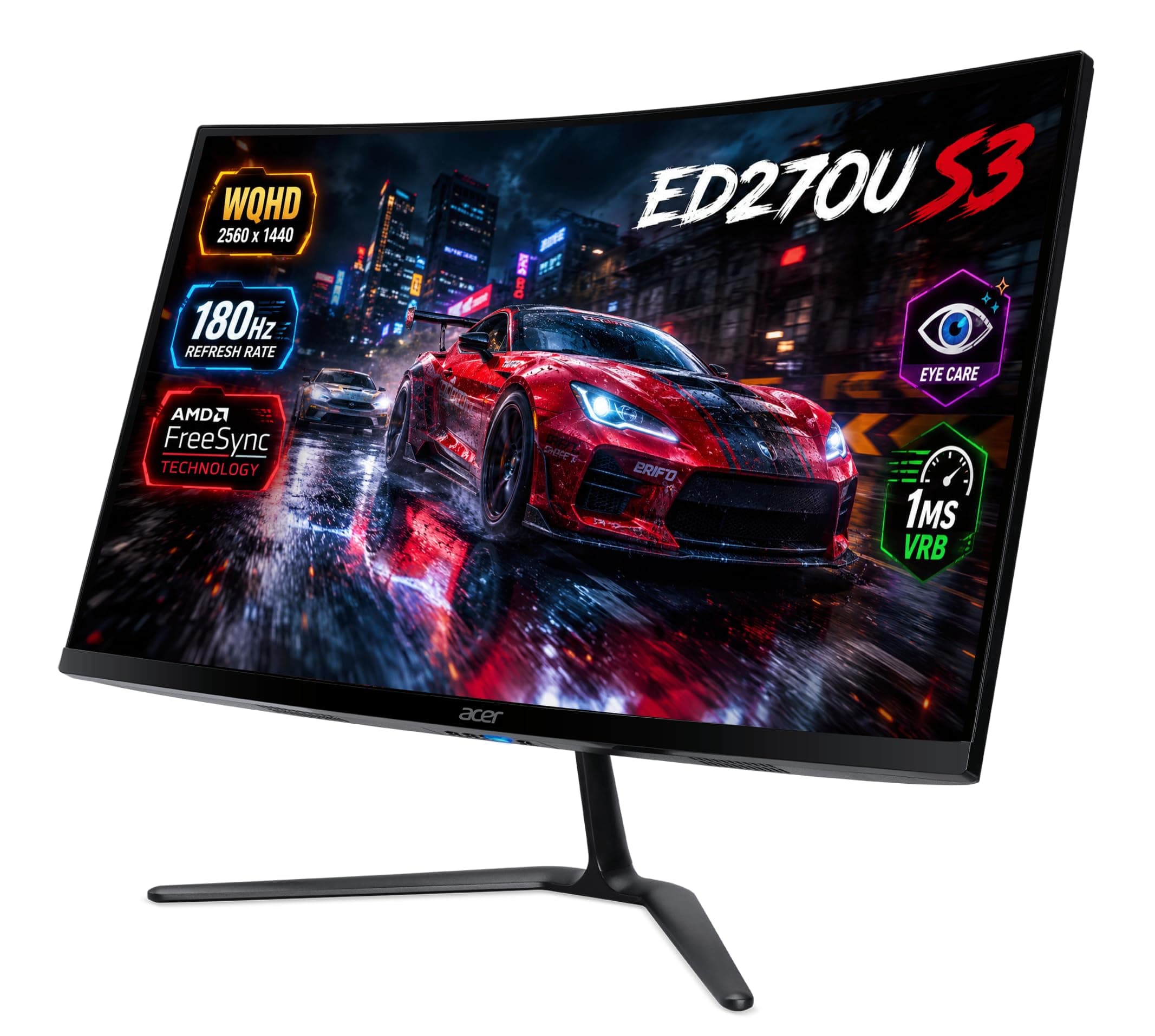 Acer ED270U S3 27 Inch WQHD 2560x1440 1500R Curved Gaming Backlit LED LCD Monitor I 1MS VRB, 180Hz Refresh Rate I AMD FreeSync I 2 x HDMI 1 x Display Port I Stereo speakers I Eye Care I HDR 10 I Black