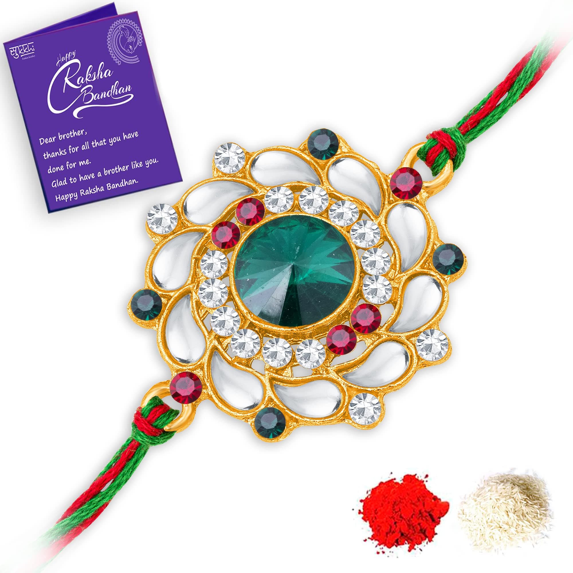 Sukkhi Floral Kundan Designer Gold Plated Rakhi for Brother, Festival Rakhi for Men, Traditional Raksha Bandhan Gift with Roli Chawal & Greeting Card