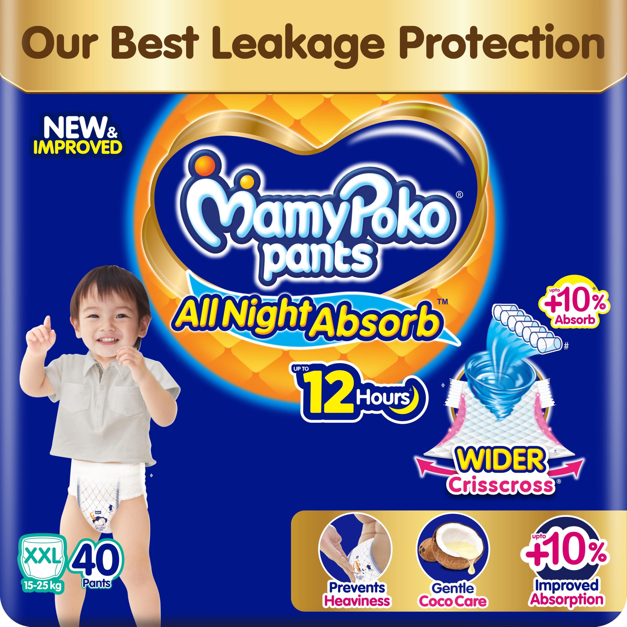 MamyPoko New Pants All Night Absorb|Pant Style Baby Diapers XX- Large Size(XXL), 40 Count, Ideal for 15-25Kgs|1 Diaper= Upto All Night Absorption now with 10% increased power|Wider Crisscross Sheet