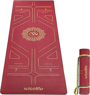 Wiselife True Body Alignment Yoga Mat + Sleek Yoga Strap For Men And Women | Non-Slip Textured Extra Wide & Thick | Pro Balance Eco Tpe Exercise Mat For Home, Pilates, Gym & Fitness (6MM, Wine)