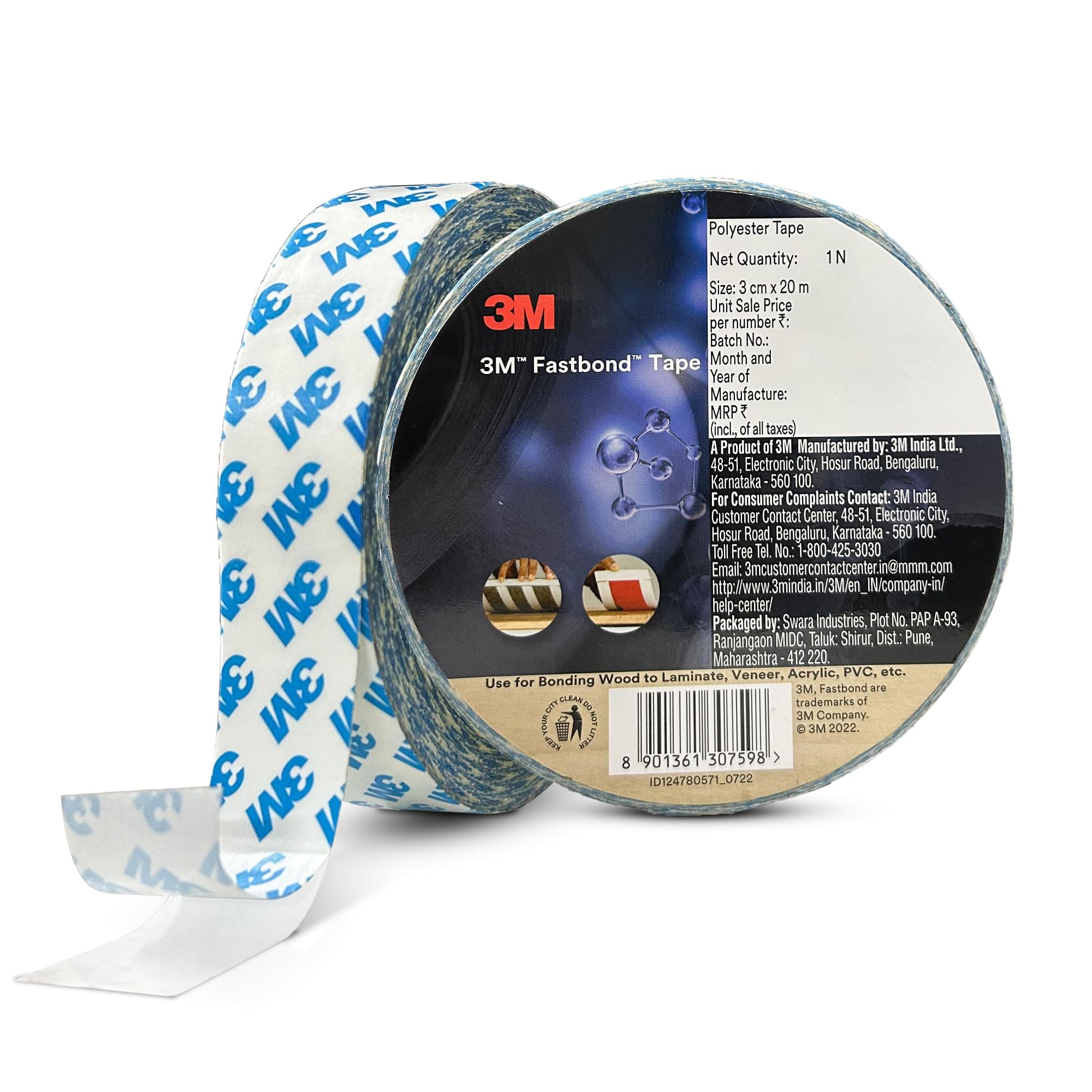 3M Fastbond Double Sided Adhesive Tape for Metals, Plastic, Glass, Wood, Water Resistant, Provides Excellent Adhesion (30mm X 20m, 1 Roll)