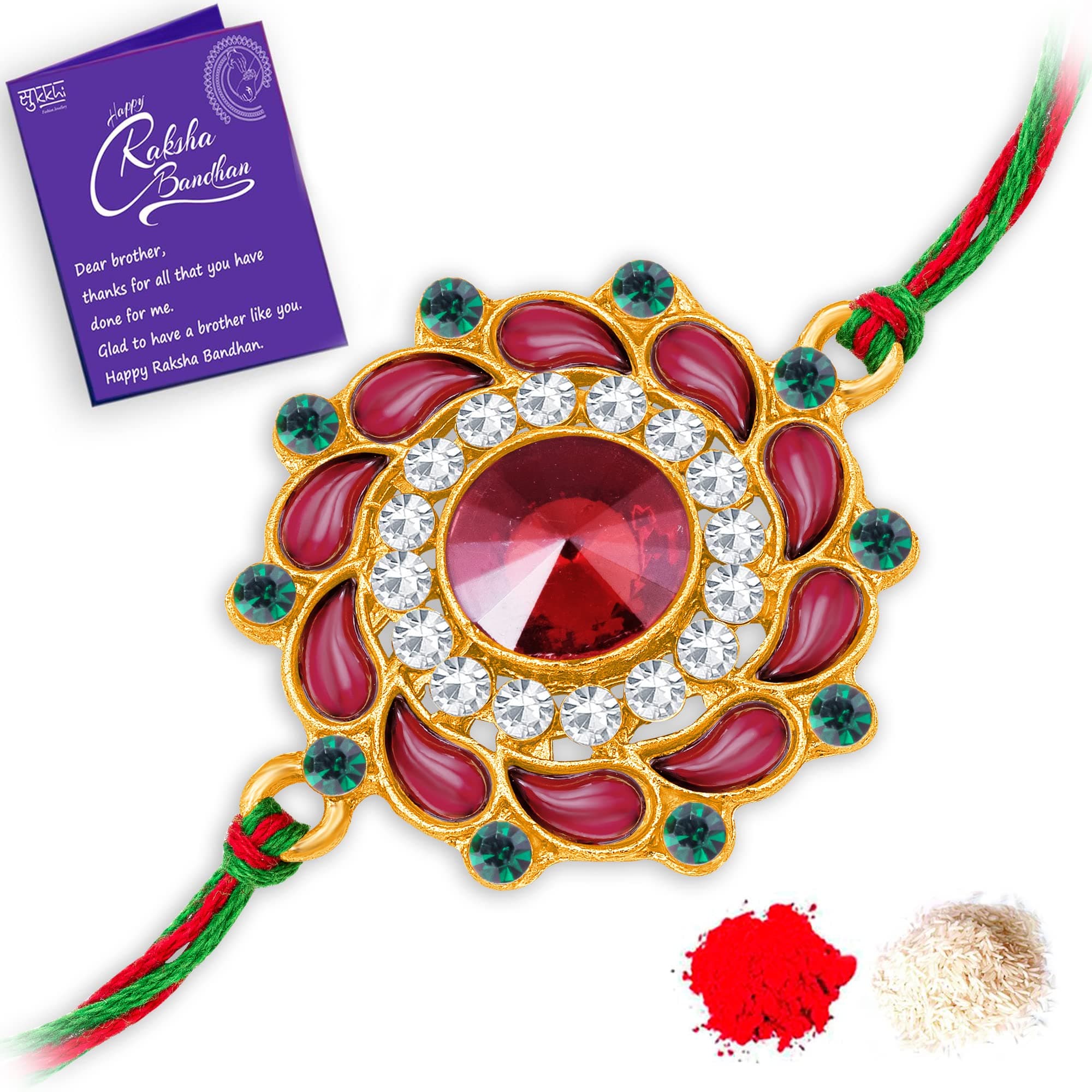 Sukkhi Magnifecent Kundan Designer Gold Plated Premium Rakhi for Brother With Roli Chawal & Greeting Card - Kundan Rakhi for MEN