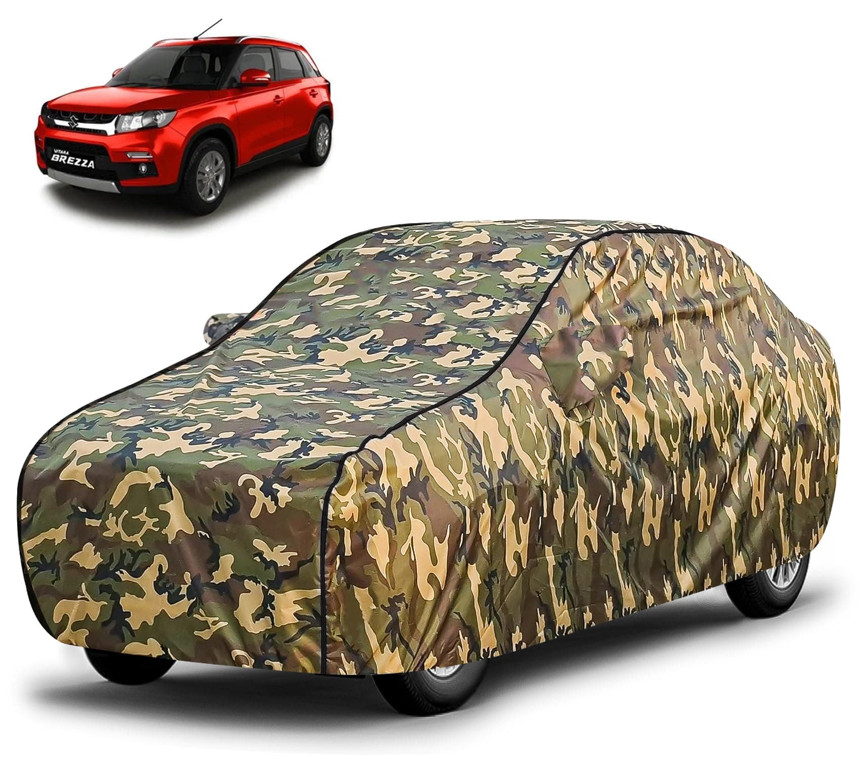 FABTEC Waterproof Car Body Cover for Maruti Brezza with Mirror Pocket, Triple Stitched (Military, Jungle Print, Camouflage Design)