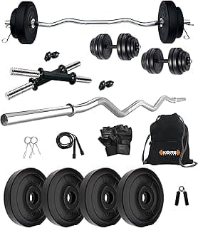 Kore PVC 10KG Combo 3 Home Gym Set with One 3 Ft Curl and One Pair Dumbbell Rods with Gym Bag and Gym Accessories, Multicolor