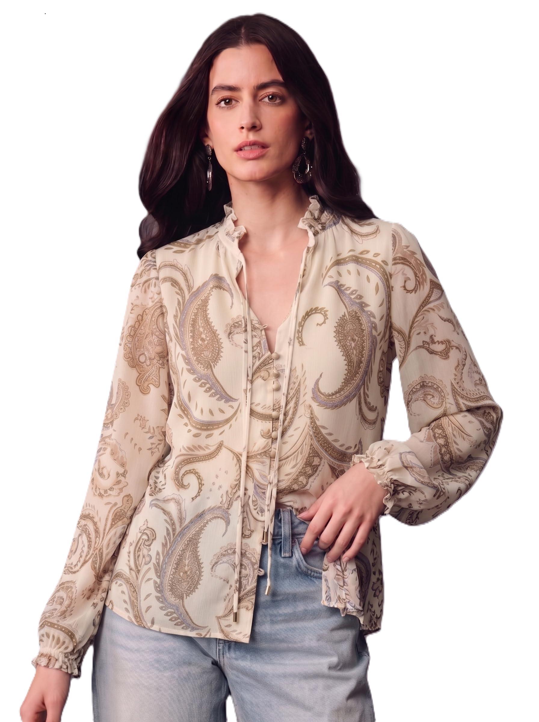 Zurity Shirt for Women | Elegant Floral Printed Blouse | Long Sleeve Collared Button Down Top | Luxury Satin Vintage Abstract Marble Pattern Fashion Tops Apparel(44-S-03-BEIGE-S)
