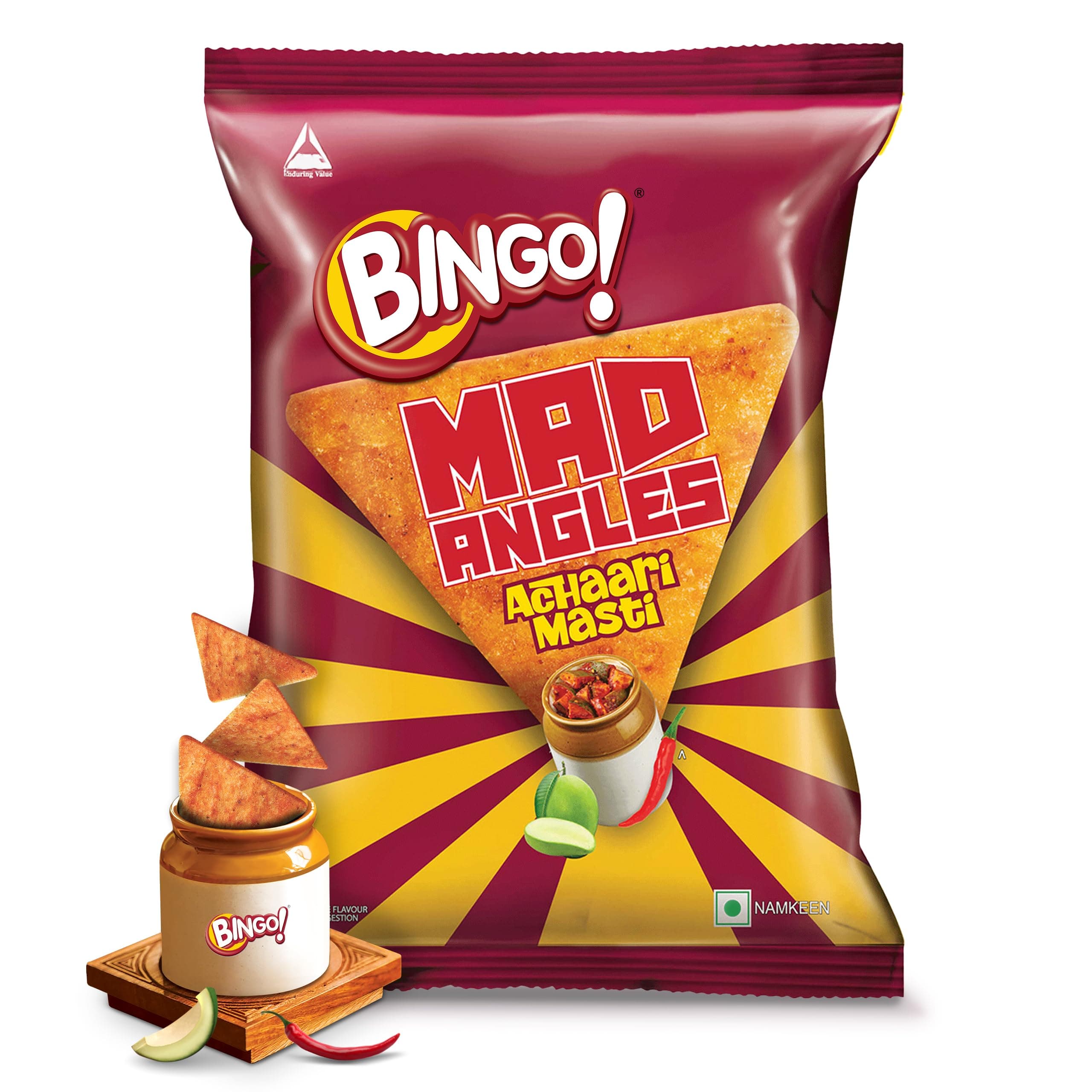 Bingo! Mad Angles Achaari Masti – Desi Mango Pickle Flavour Crunchy Triangle Chips | Tasty Snack for Any Time Cravings, 64g/60g (weight May Vary)