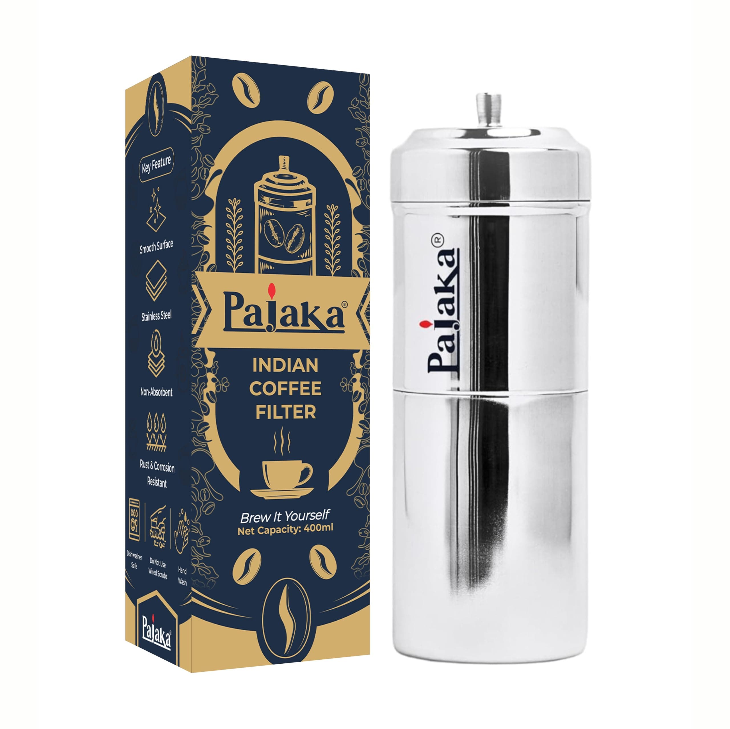 PAJAKA South Indian Filter Coffee Maker - 400 ML Capacity, Stainless Steel Madras Kaapi Kappi Drip Decoction Coffee Brewer, Big Size for 6-8 Cups, Home & Kitchen