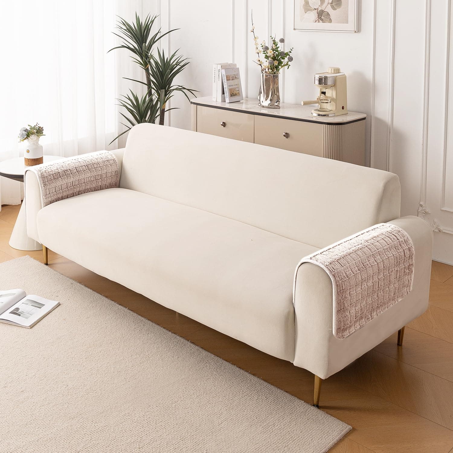 HOKIPO Plush Haven Sofa Armrest Cover, 2 Pc, Beige