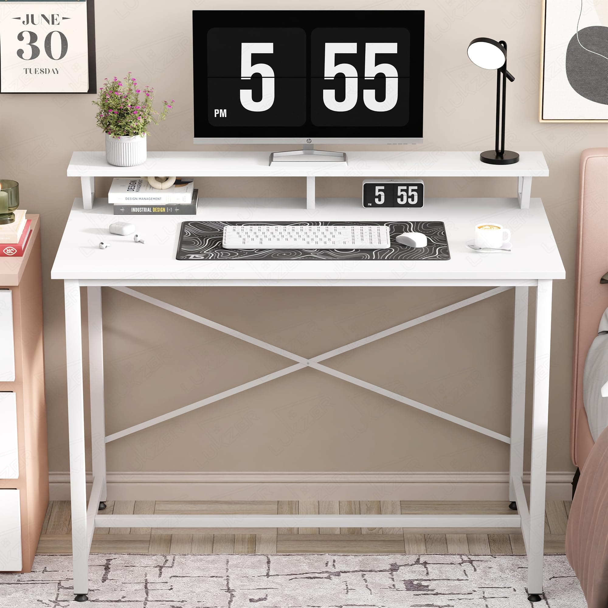 Lukzer X-Support Study Table with Monitor Riser for Home Office (MST-009/White & White) Metal & Engineered Wood Laptop & Computer Workstation Desk for Student, DIY Spacious Tabletop (90×60×86 cm)