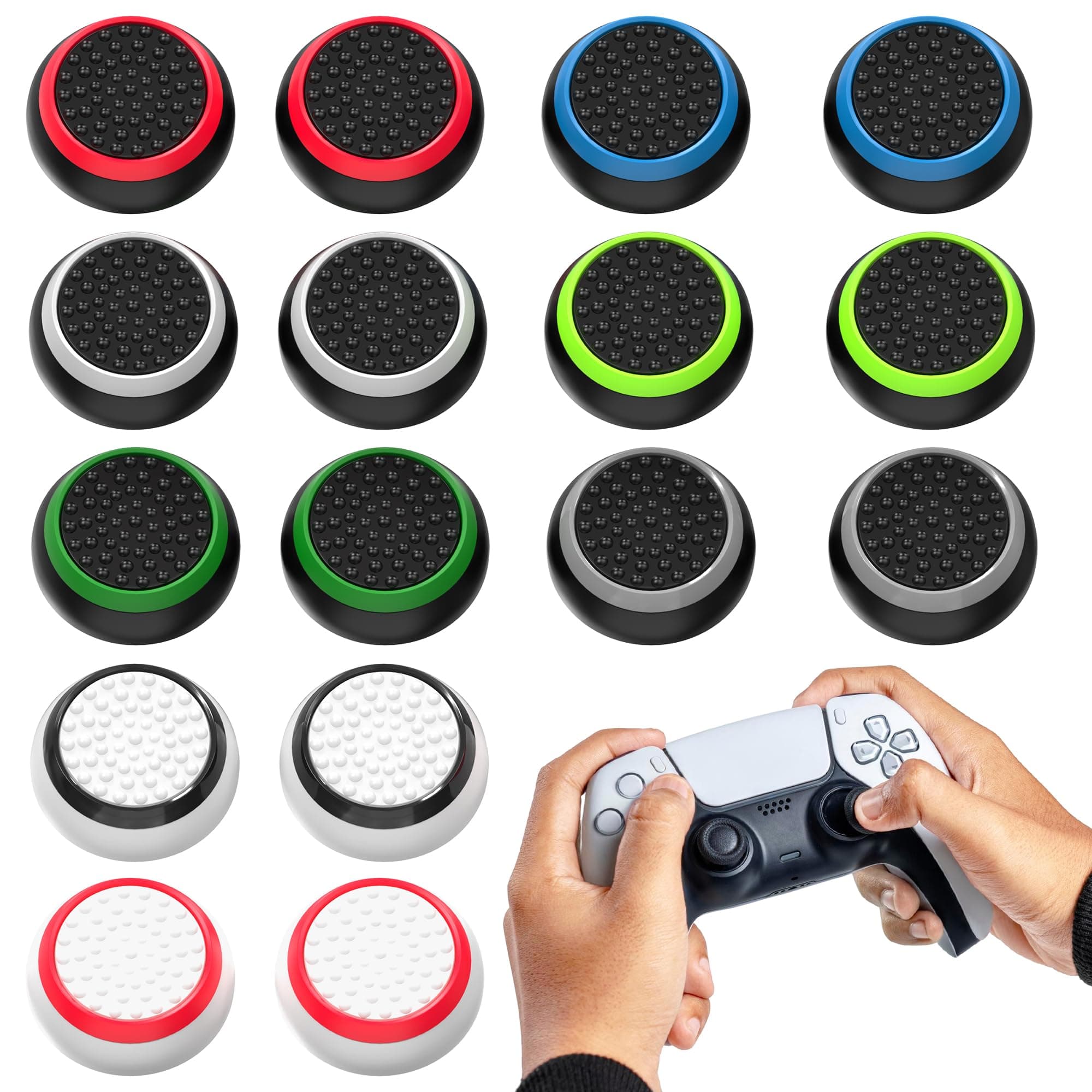 Sounce 8 Pair / 16 Pcs Controller Thumb Grips PS5/PS4/Xbox One/360/Switch, Anti-Slip Joystick Caps for PS5 Remote Controller & Gamepads, Soft Silicone Thumb Stick Covers for Enhanced Grip & Protection