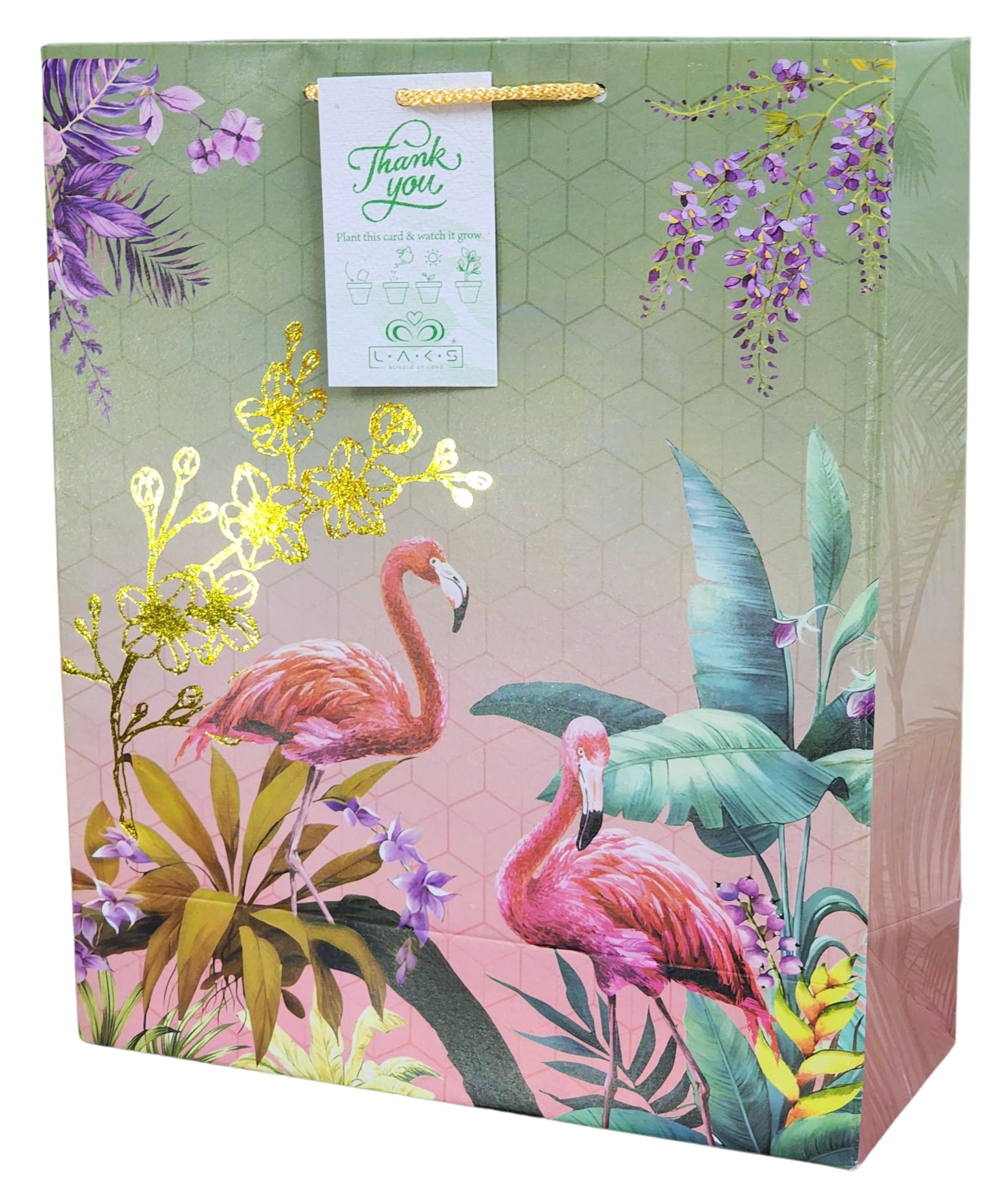 LAKS BUNDLE OF LOVE® - Gift Bags - Medium Size - 12x10x4 inch - Pack of 10 - With Seed Paper Thank You Card (Green-Pink)