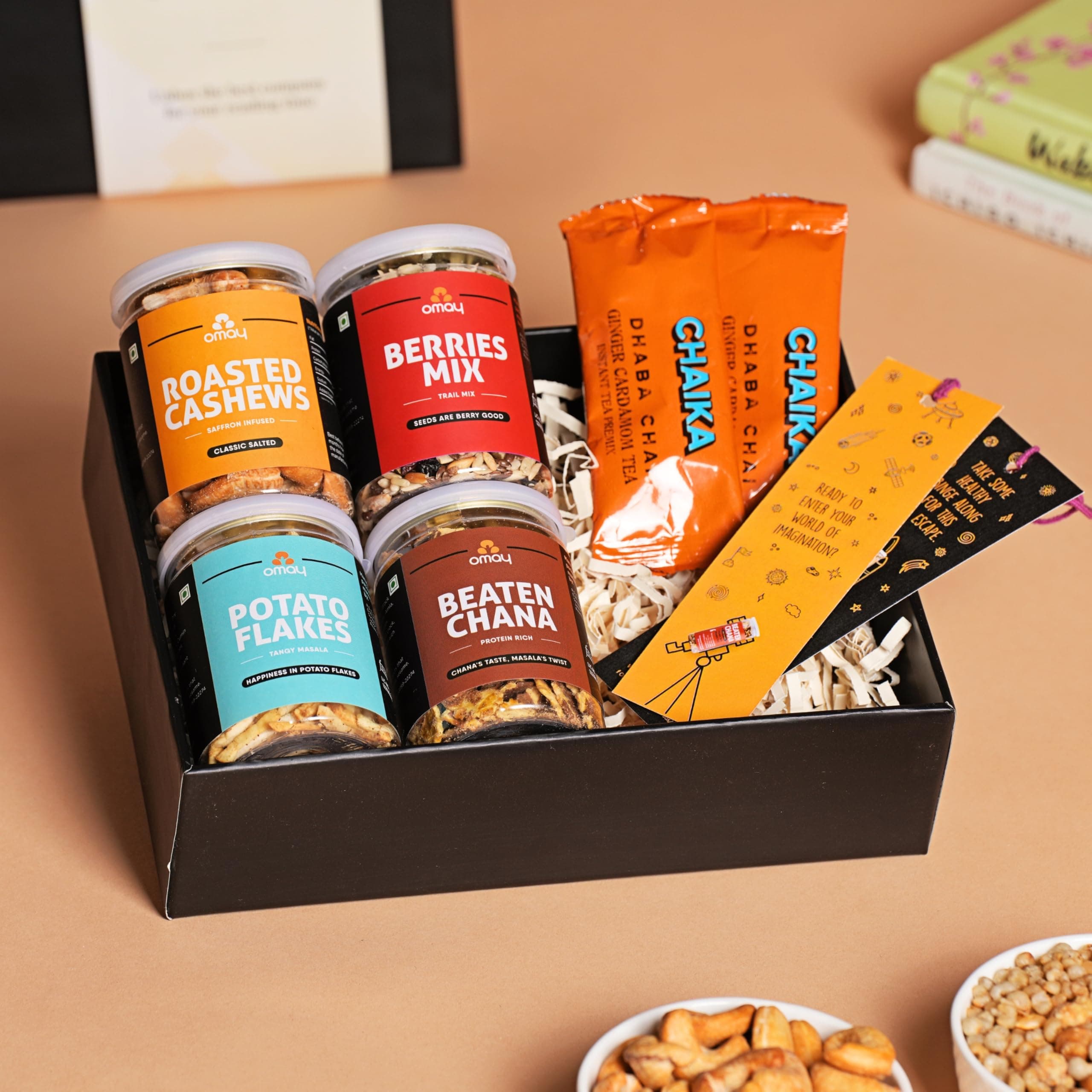 Omay Foods All-Time Fav. Reading Ready Box | Roasted Snacks, Tea Sachet, Bookmark | Gifts for Employees, Clients | Healthy Snacks Hamper | Gourmet Gift Pack