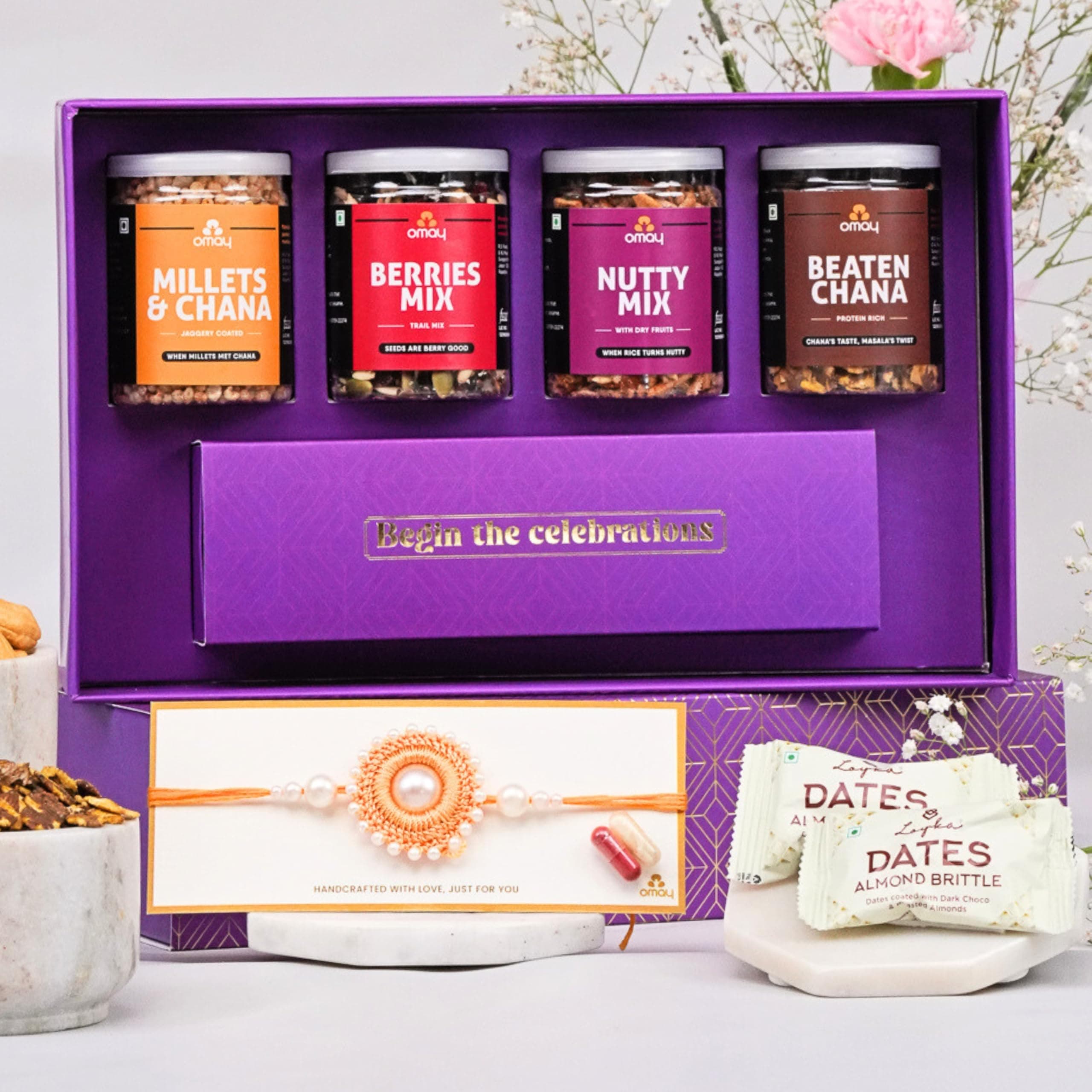 Omay Foods Healthy Indulgence Rakhi Gift Hamper for Brother | 9 Pcs | Roasted Snacks, Dry Fruits, Chocolate Dates & Kundan Rakhi | Premium Rakhi Box for Bhaiya and Bhai | Raksha Bandhan Gift