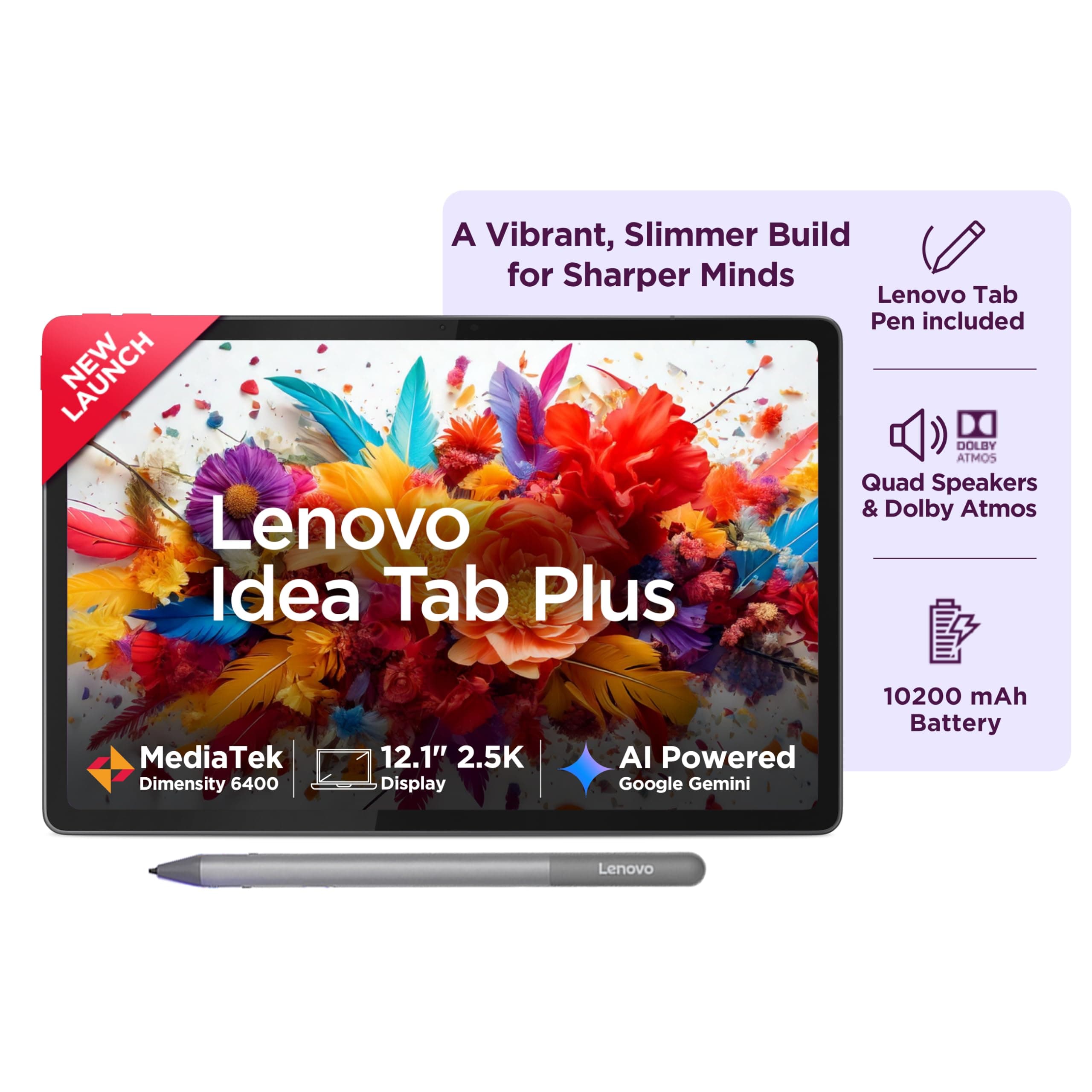 Lenovo Idea Tab Plus with Pen | Wifi |12.1" 2.5K Display, 800nits Peak Brightness |12GB RAM + 256GB ROM (Expandable upto 2TB)| MediaTek Dimensity 6400| 10200mAh|4 Speakers with Dolby Atmos| Cloud Grey