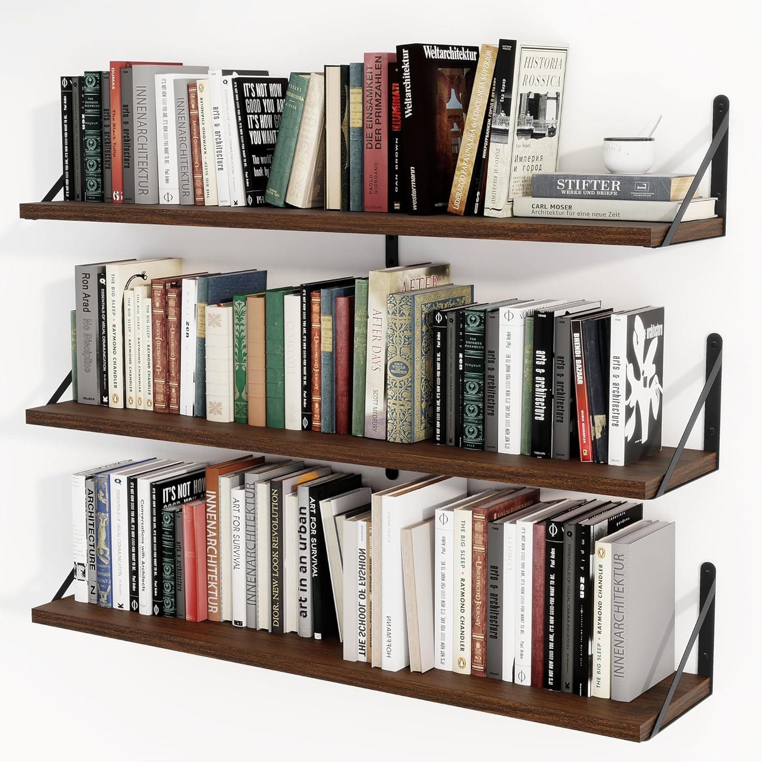 Shoper cart Floating Shelves for Wall Set of 3, Rustic Wood Floating Bookshelf for Bedroom, Large Wall Mounted Storage Shelves for Kitchen Bathroom Laundry Living Room TV Books (Brown, 32.1 INCH)