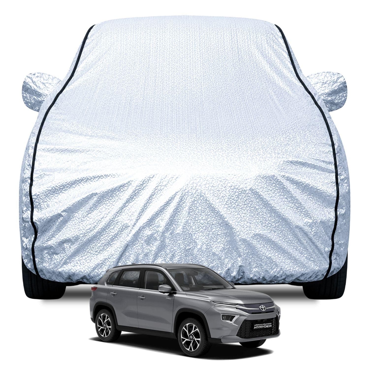 FABTEC Waterproof Car Body Cover for Toyota Urban Cruiser Hyryder with Mirror Pocket, Soft Cotton Lining, Triple Stitched (Heat Resistant Metallic Silver with Black Piping)