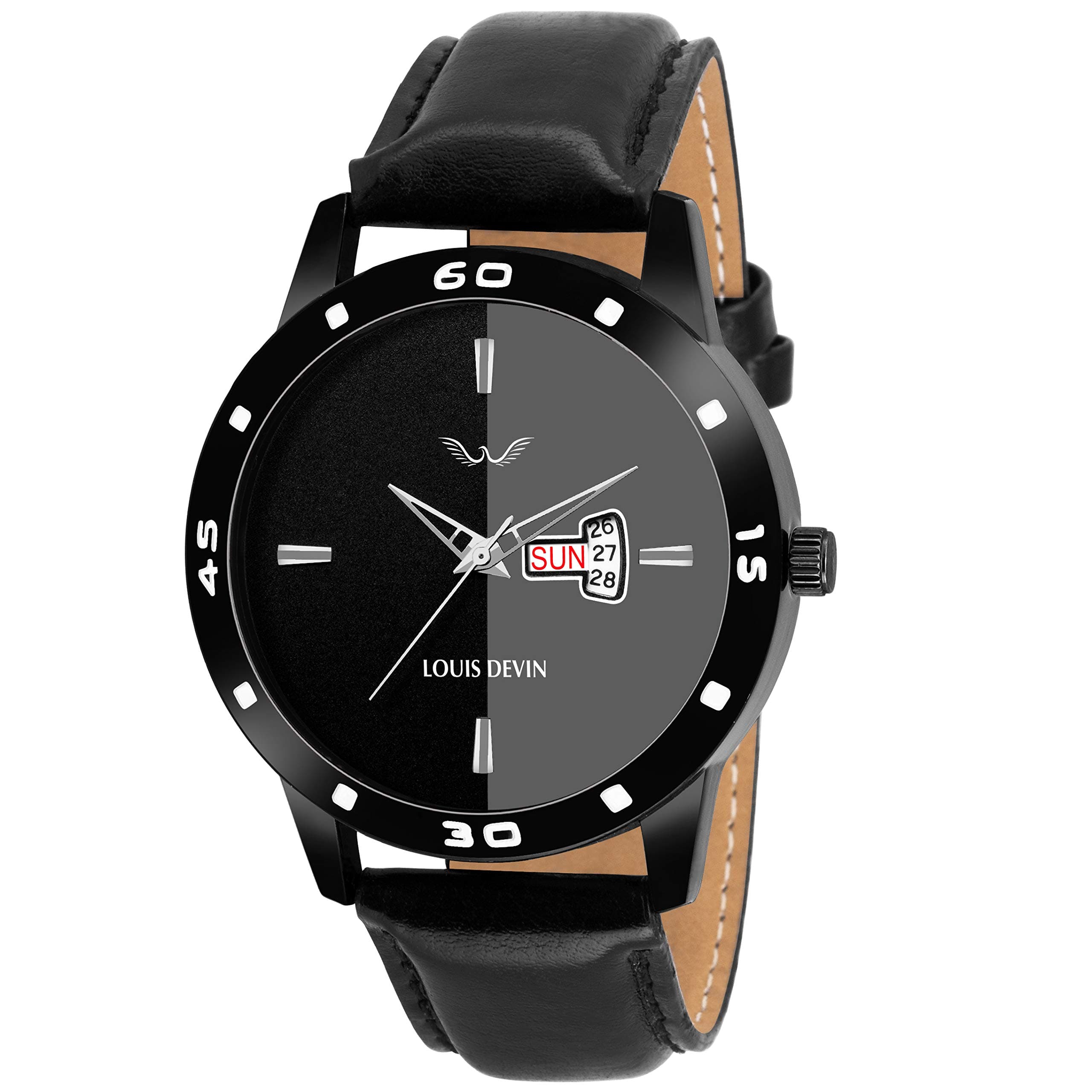 LOUIS DEVIN Leather Bk030-Blk Black Leather Strap Analogue Wrist Watch For Men's