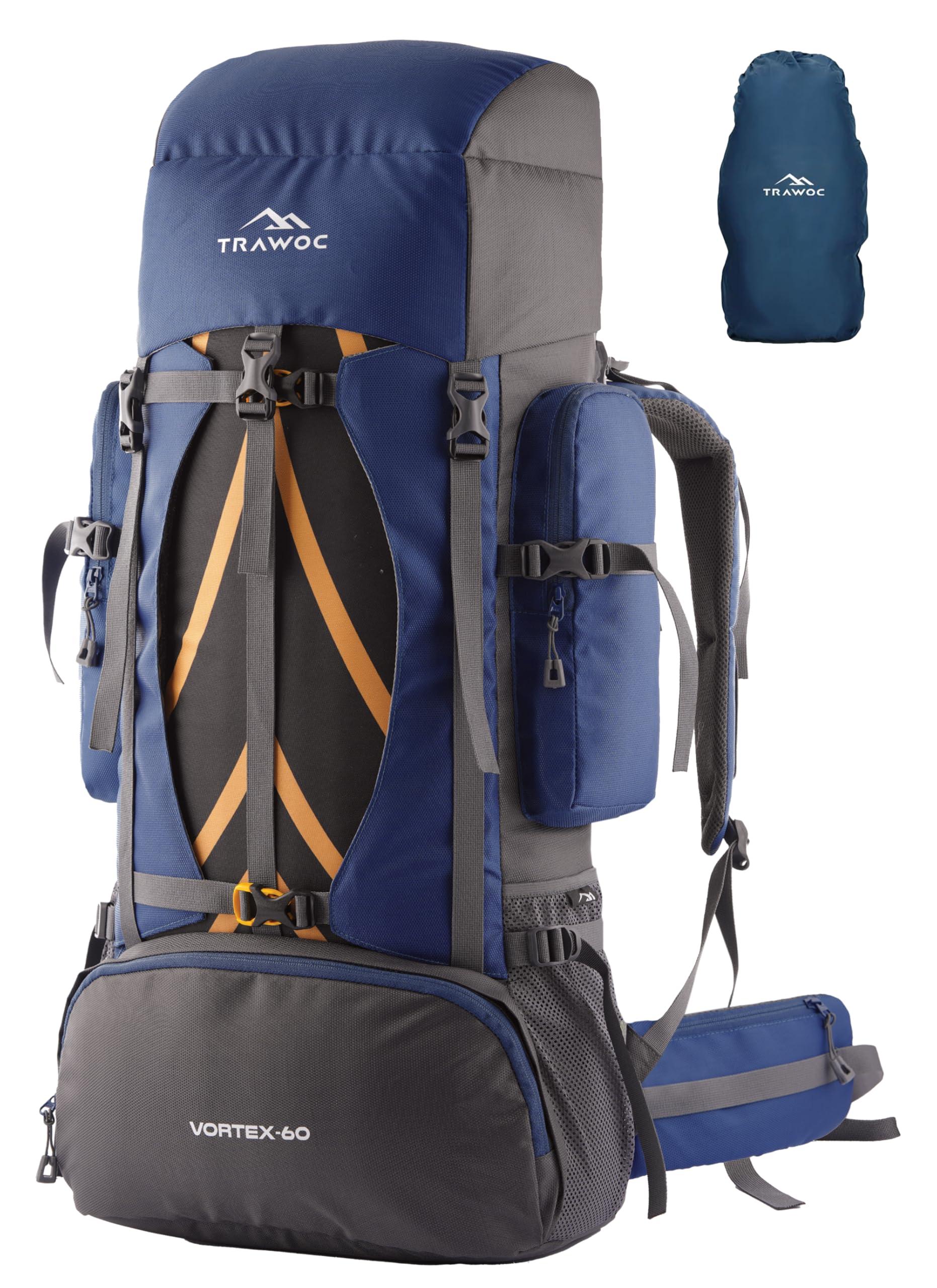 TRAWOC Vortex 60L Travel Backpack for Men & Women | Trekking Hiking Rucksack with Laptop Sleeve, YKK Zippers, Rain-Cover, Padded Hip Belt & Air Mesh Back | 3 Year Warranty | Navyblue