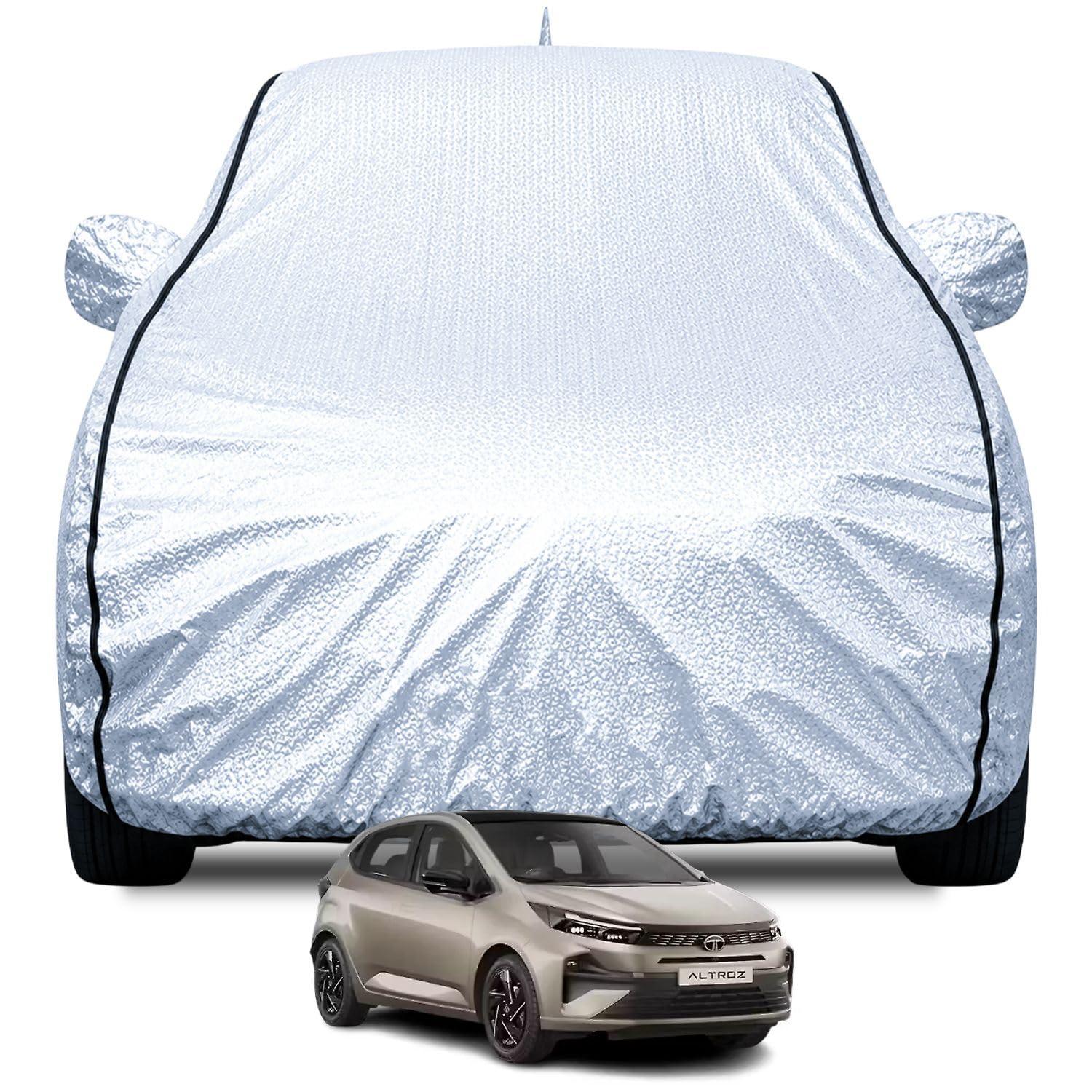FABTEC Waterproof Car Body Cover for Tata Altroz with Mirror and Front Antenna Pocket, Soft Cotton Lining, Triple Stitched (Heat Resistant Metallic Silver with Black Piping)