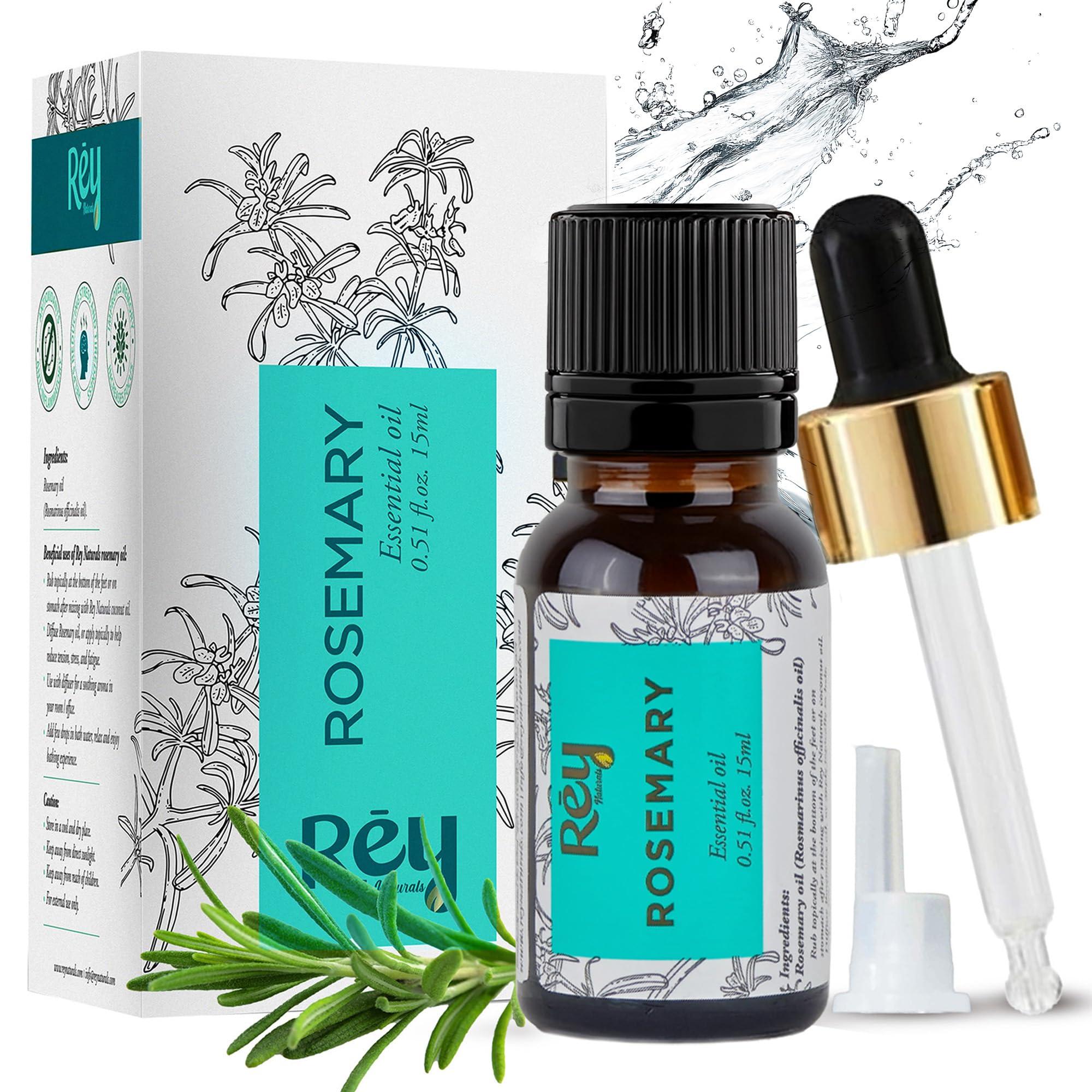 Rey Naturals Rosemary Essential Oil | 100% Pure & Undiluted Steam Distilled | For Hair Growth, Scalp Nourishment & Hair Fall Control | 15ml | For Men & Women