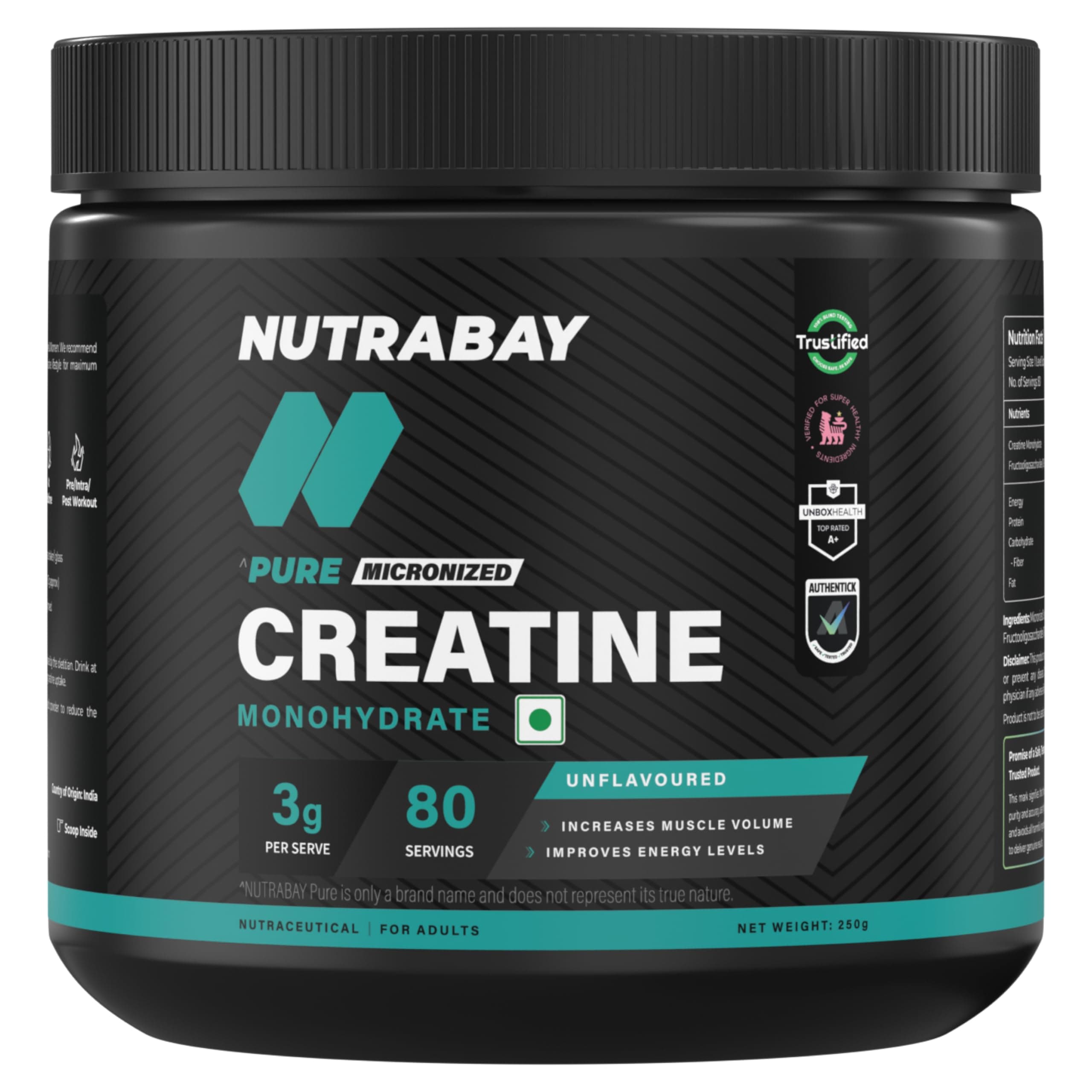 Nutrabay Pure Series Micronised Creatine Powder Monohydrate, Pre/Post Workout Bodybuilding, Crossfit Supplement, 250 g (Unflavoured)