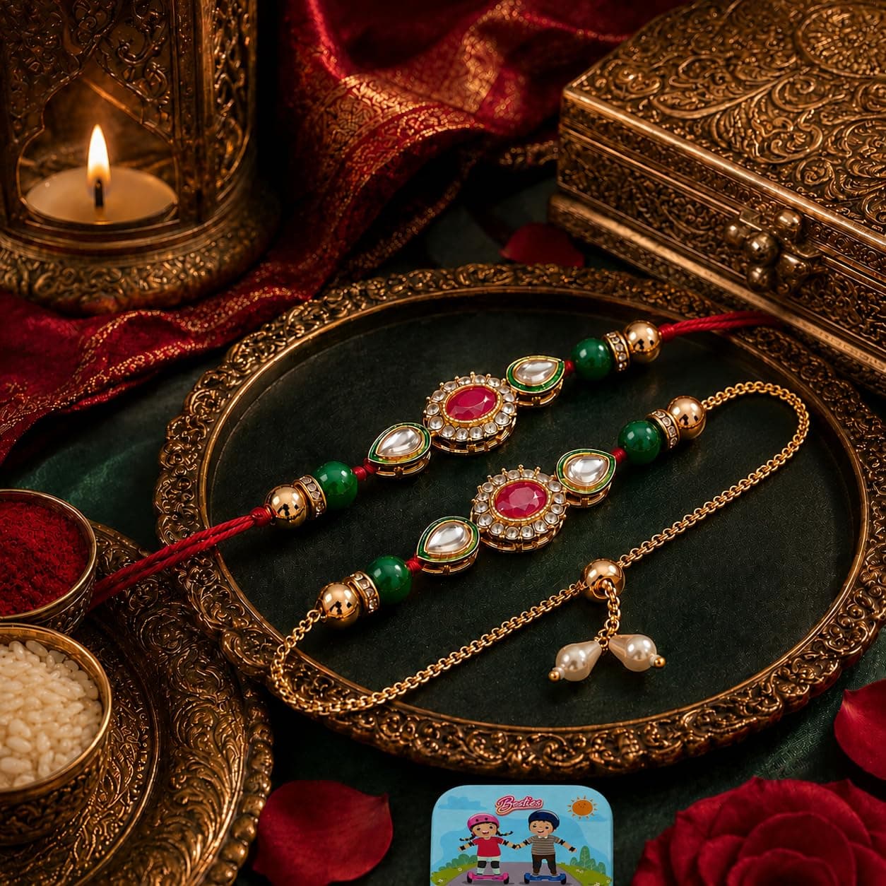 CraftVatika Rakhi Set for Brother and Bhabhi, Lumba Floral Rakhi Kundan Bracelet Rakhis for Bhaiya Bhabhi Rakhis for Rakshabandhan Couple Pearl Set of 2 with Fridge Magnet Gift