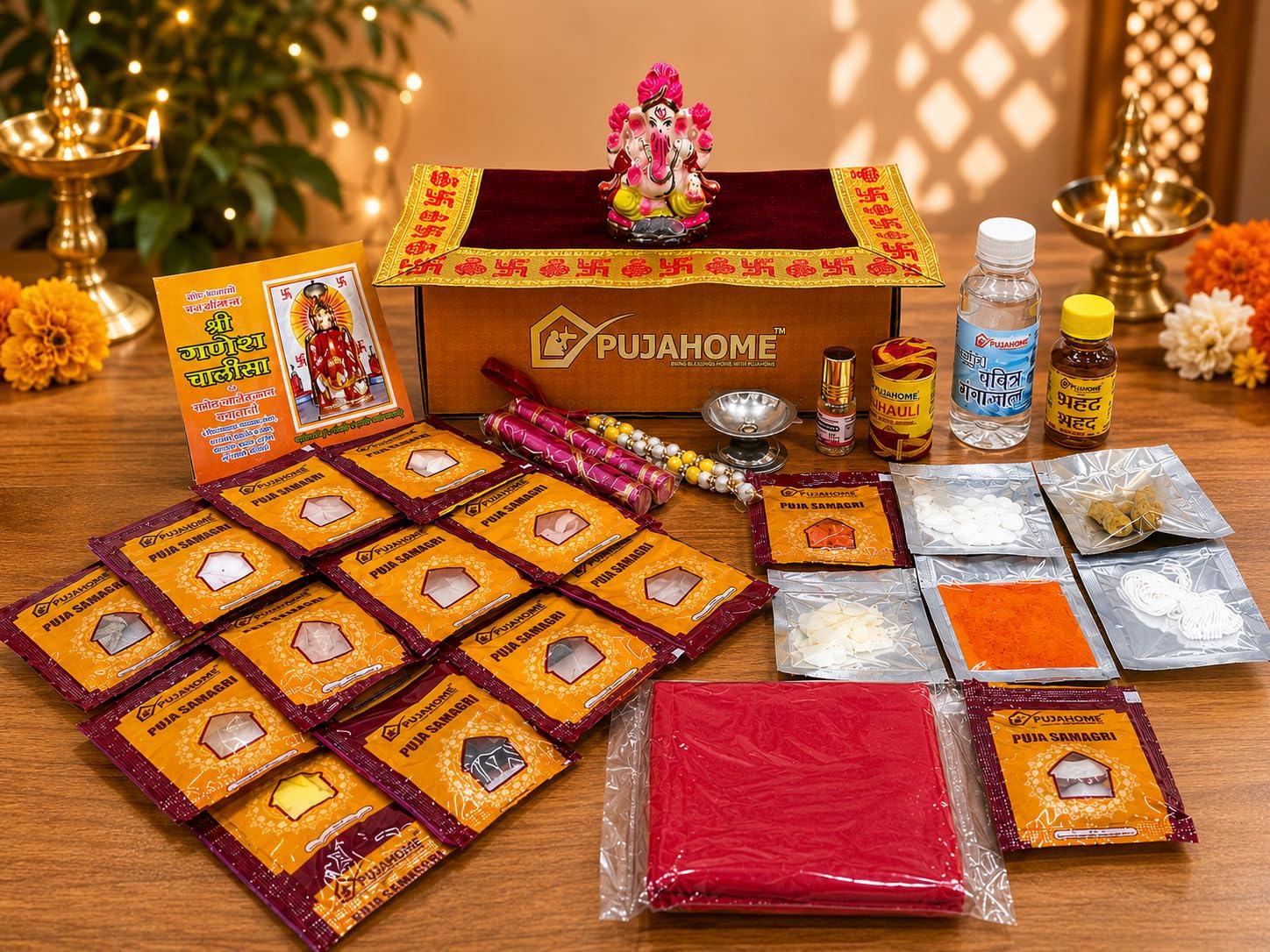 Pujahome Ganesh Puja Samagri Kit for Ganesh Pujan/Ganpati Pooja Kit/Ganesh Chaturthi Puja/Ganesh Pooja with Mitti(Painted Clay) Ganesh Murti(32+ Items)