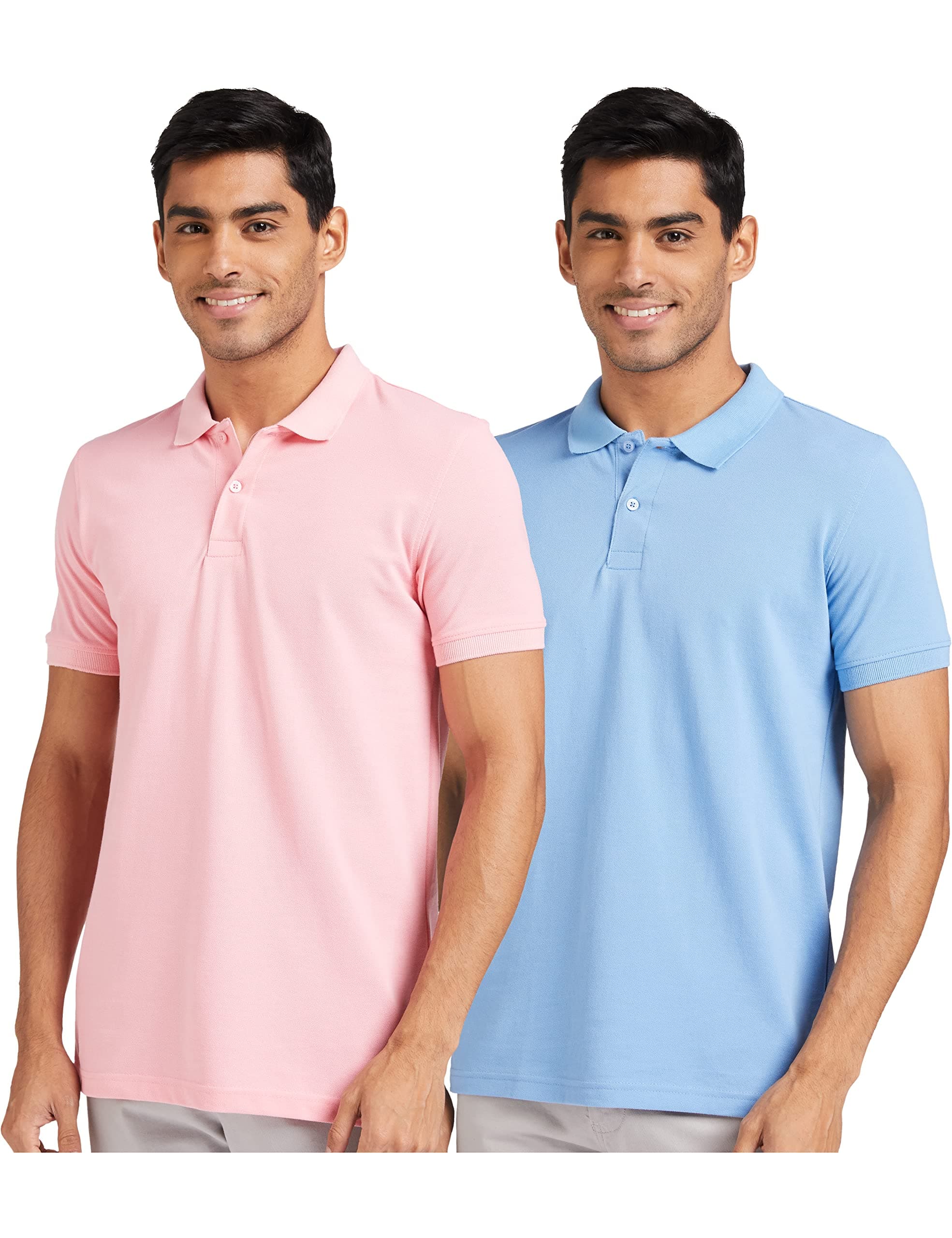 Amazon Brand - Symbol Men's Solid Regular Fit Half Sleeve Polo (Combo Pack of 2) (ESSPPO2D_Pink & Sky Blue_2XL)