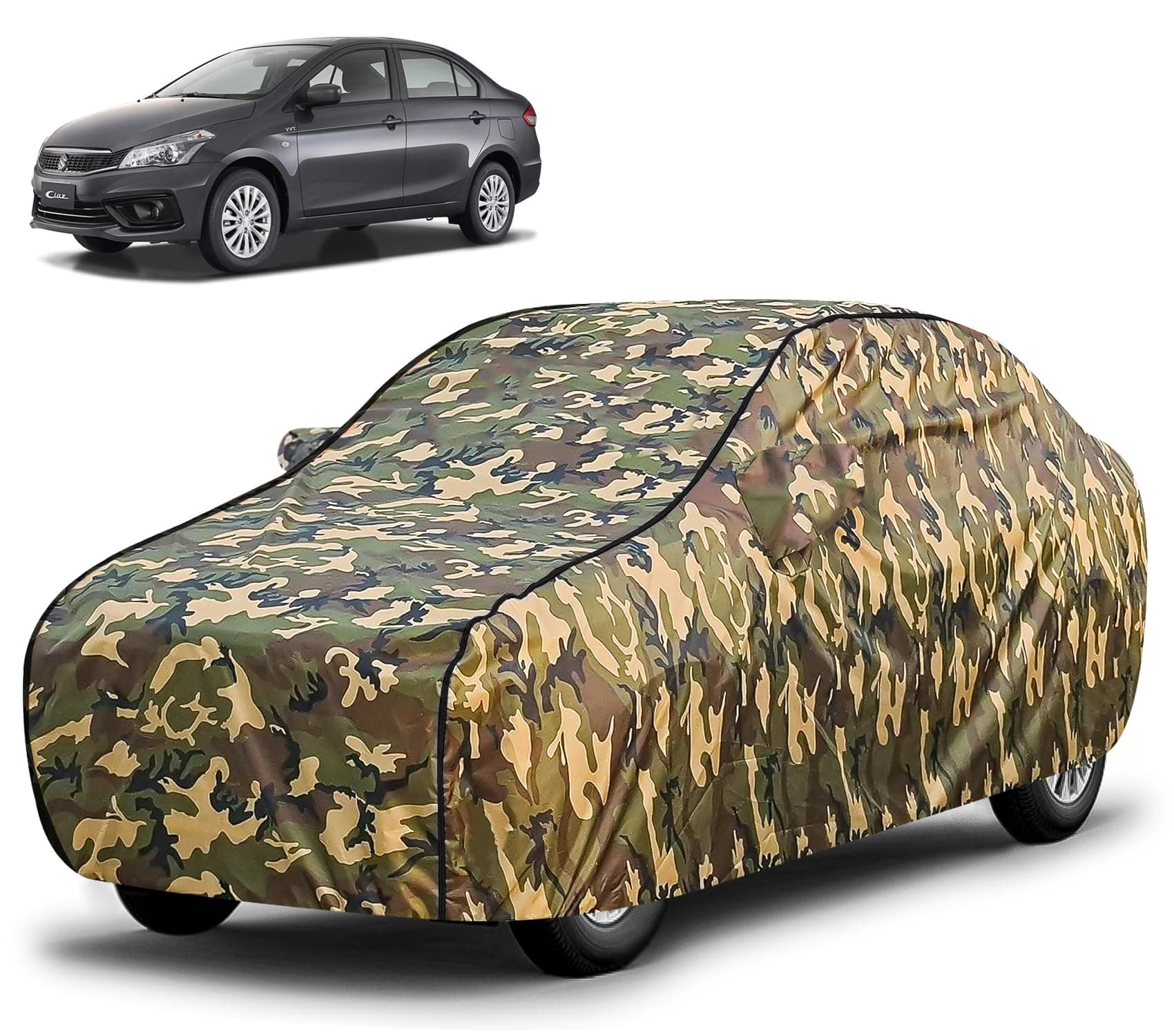 FABTEC Waterproof Car Body Cover for Maruti Ciaz with Mirror Pocket, Triple Stitched (Military, Jungle Print, Camouflage Design)