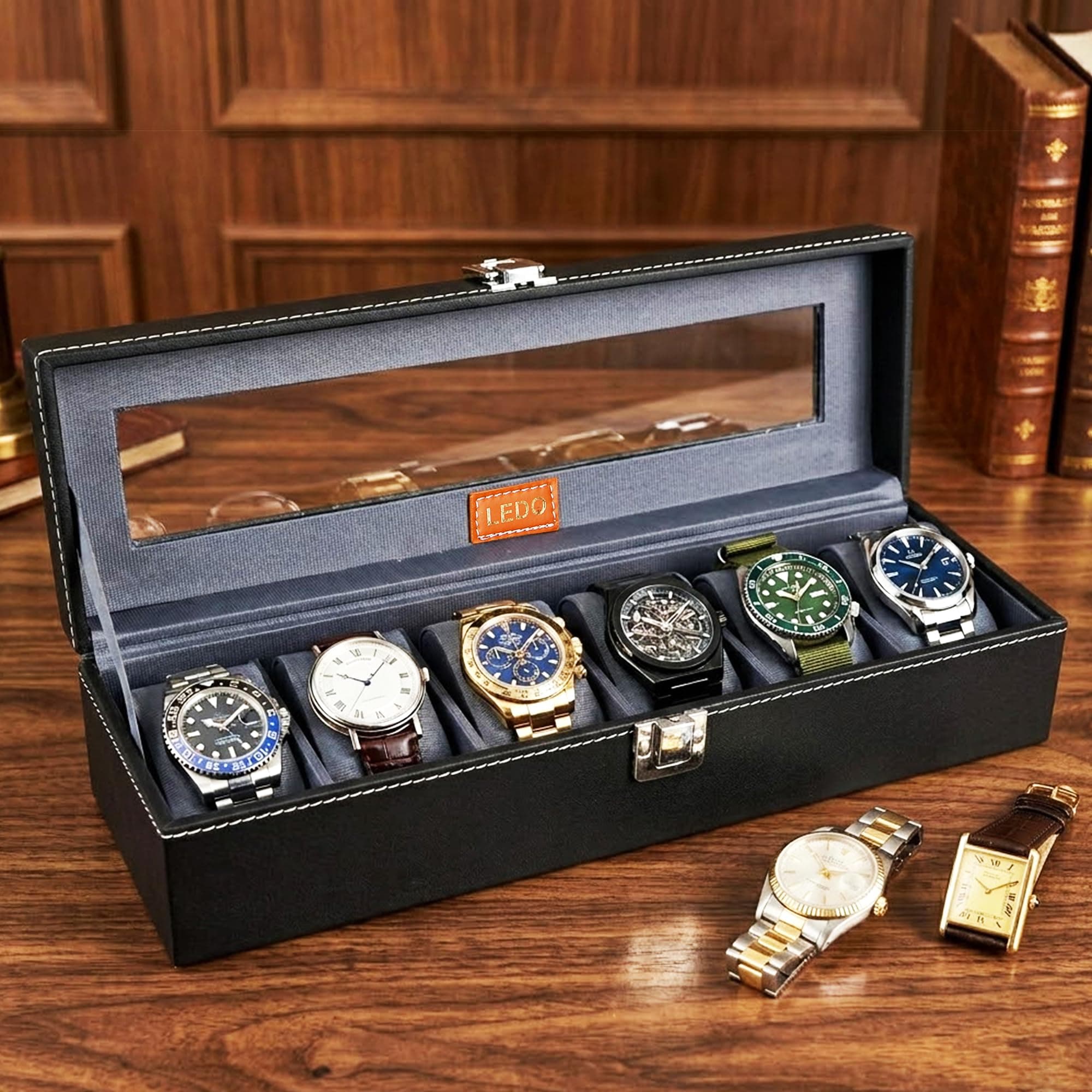 LEDO Watch Box Holder Organizer Case with 6 Slots, Transparent Look, Black & Gray Color Velvet