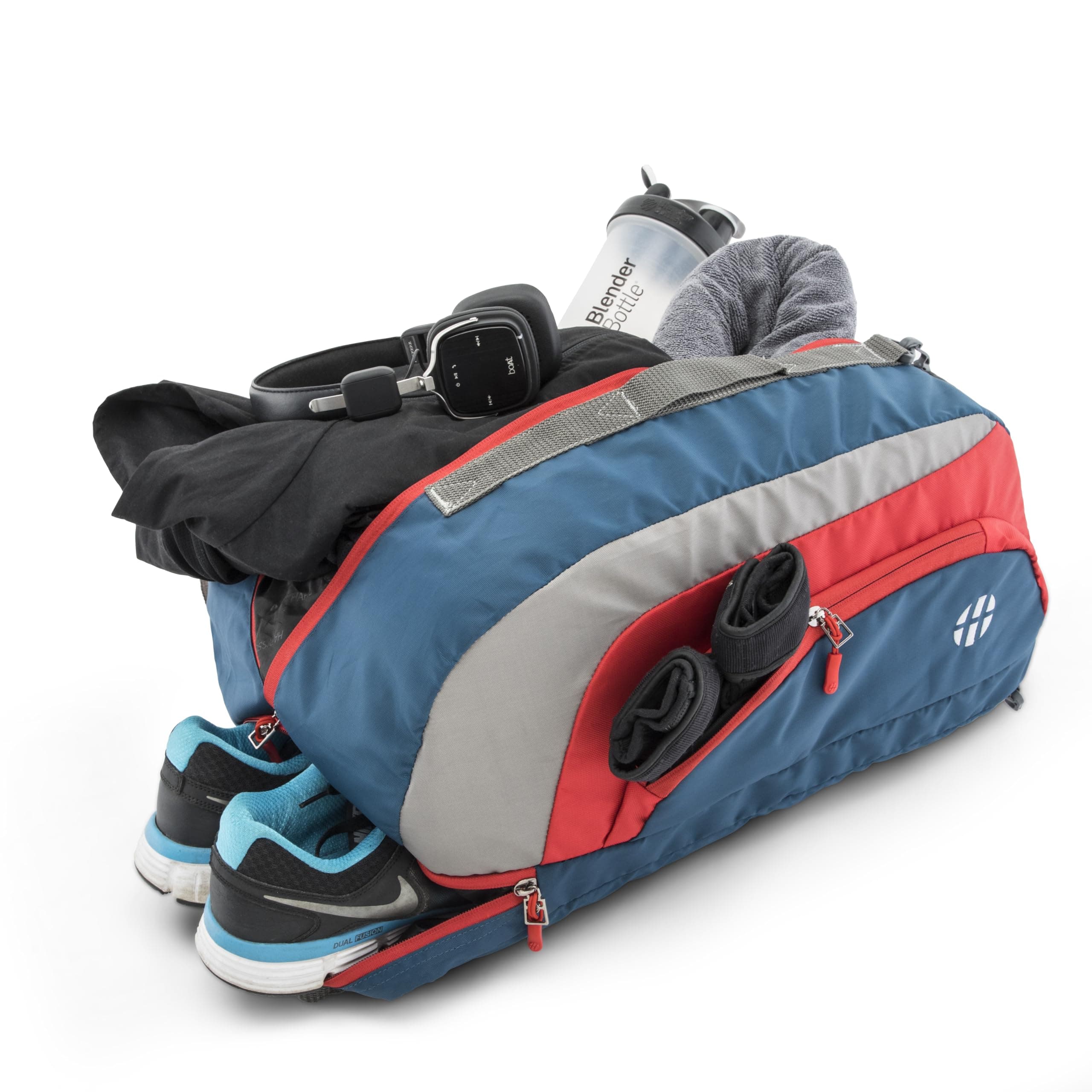Harissons Jake 31L Water Resistant Duffel Gym Bag for Men & Women | Convertible Travel & Sports Backpack with Shoe Compartment & Easy Front Pocket Access (Navy & Red)