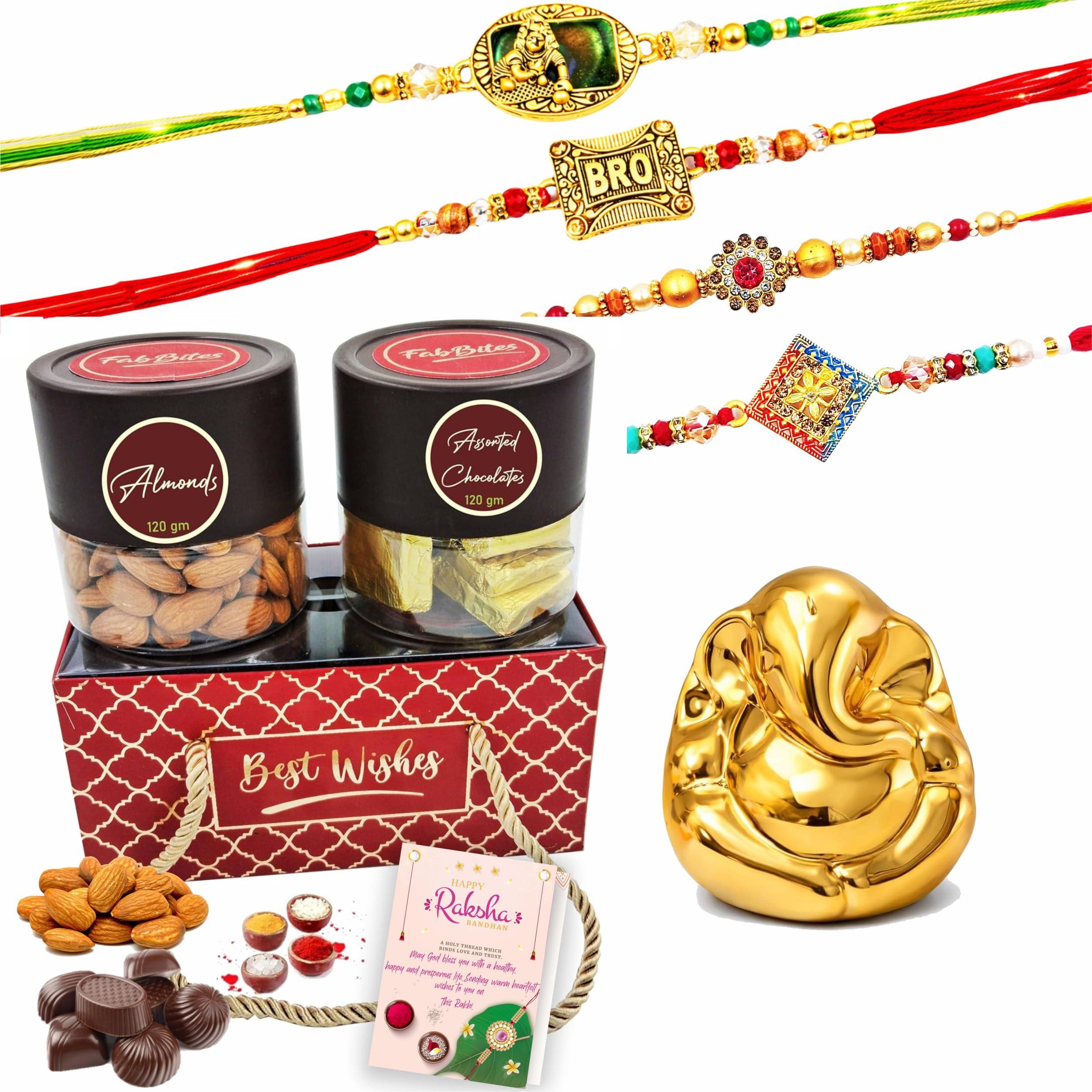 Rakhi with Dry Fruit Almond and Chocolate Gift Hamper Pack with Elegant Ganesh Ji Idol Gift-Set of 4 Glorious Rakhi Combo for Brother/Bhai/Bhaiya Bhabhi Kids Men Boys with Tikka Set,Greeting Card