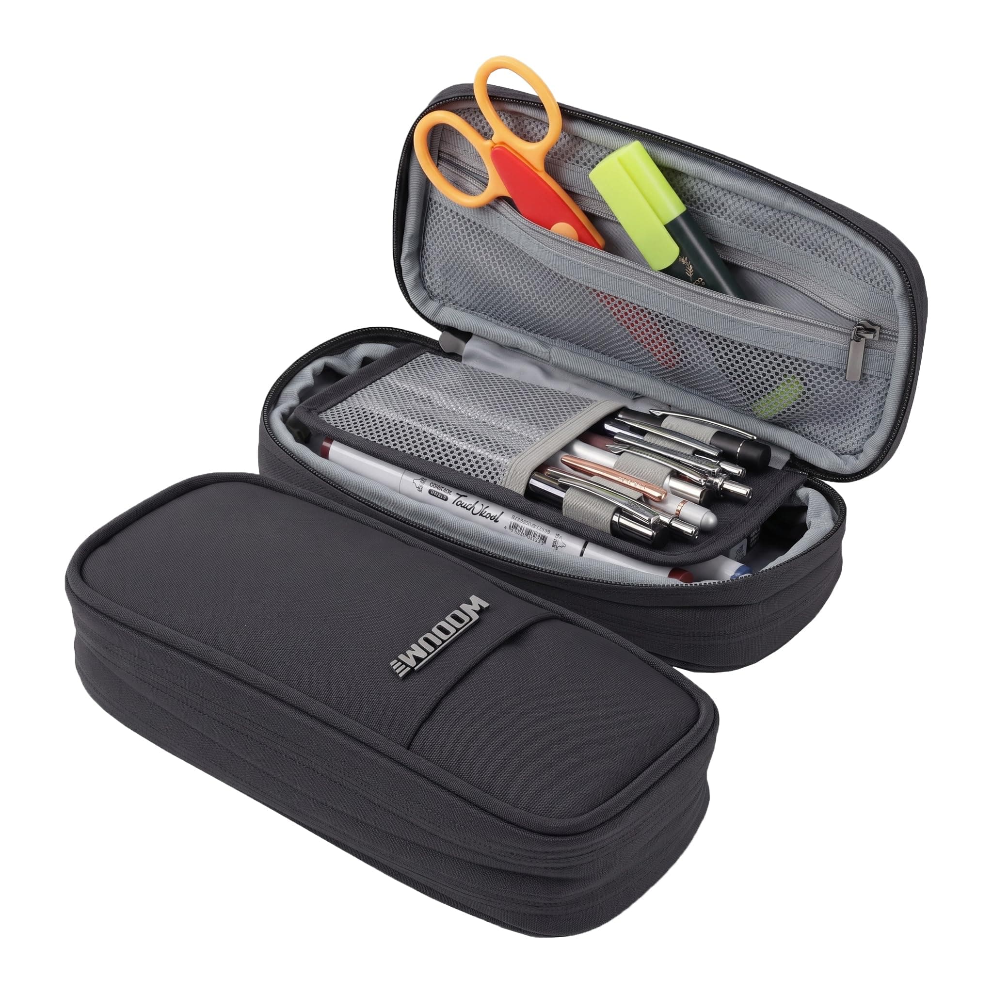 Wooum Expandable Pencil Pouch for Boys & Students | 1 Year Warranty | Large Capacity Pencil Case for School, College & Office | Big Stationery Organizer Pen Bag with Mesh Pocket | Grey Pencil Pouch