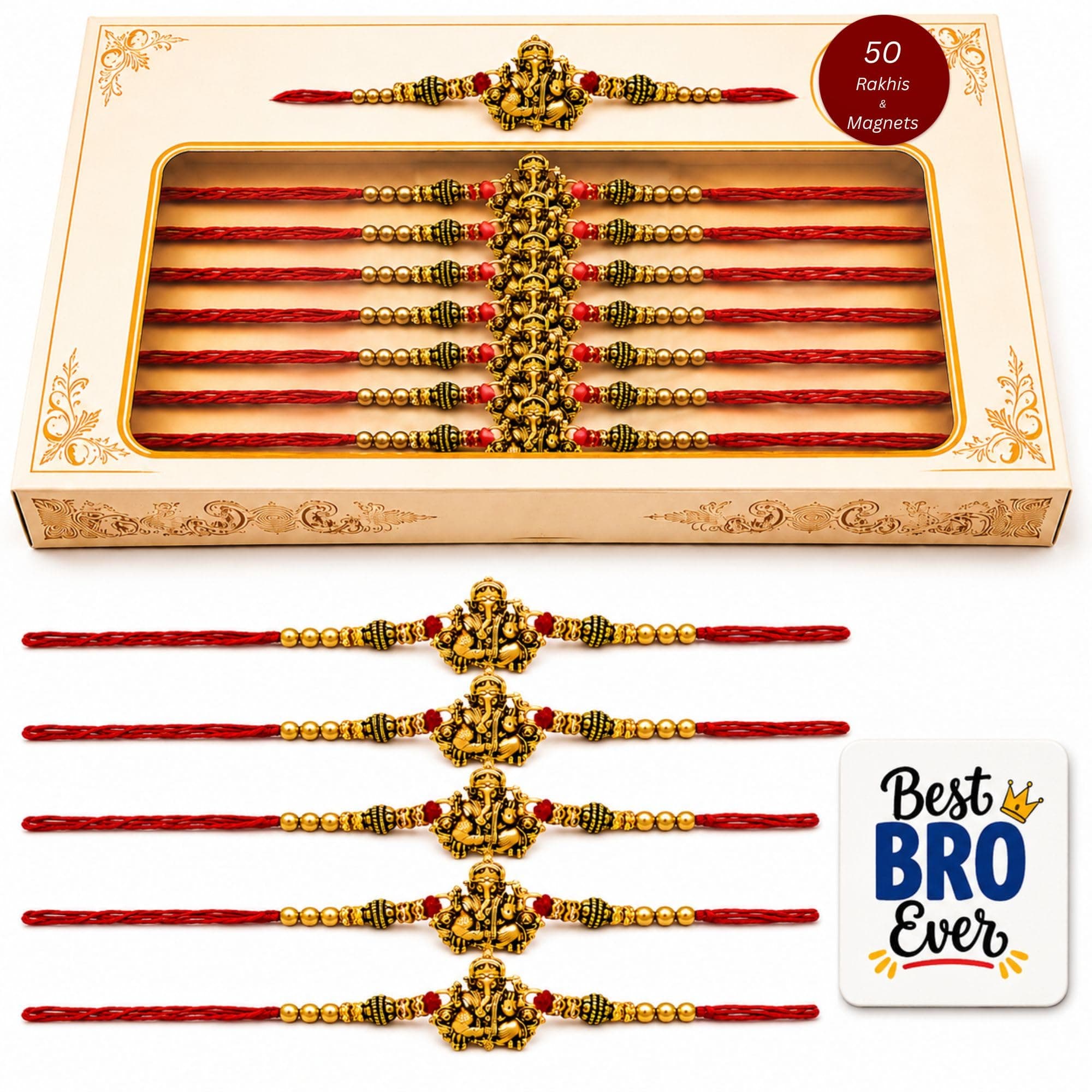 eCraftIndia Pack of 50 Golden Religious Designer Ganesha Rakhi for Brother Bhaiya Bhai | 50 Best Bro Ever Fridge Magnets | Roli Chawal Pack | Raksha Bandhan Rakhi Gift Set