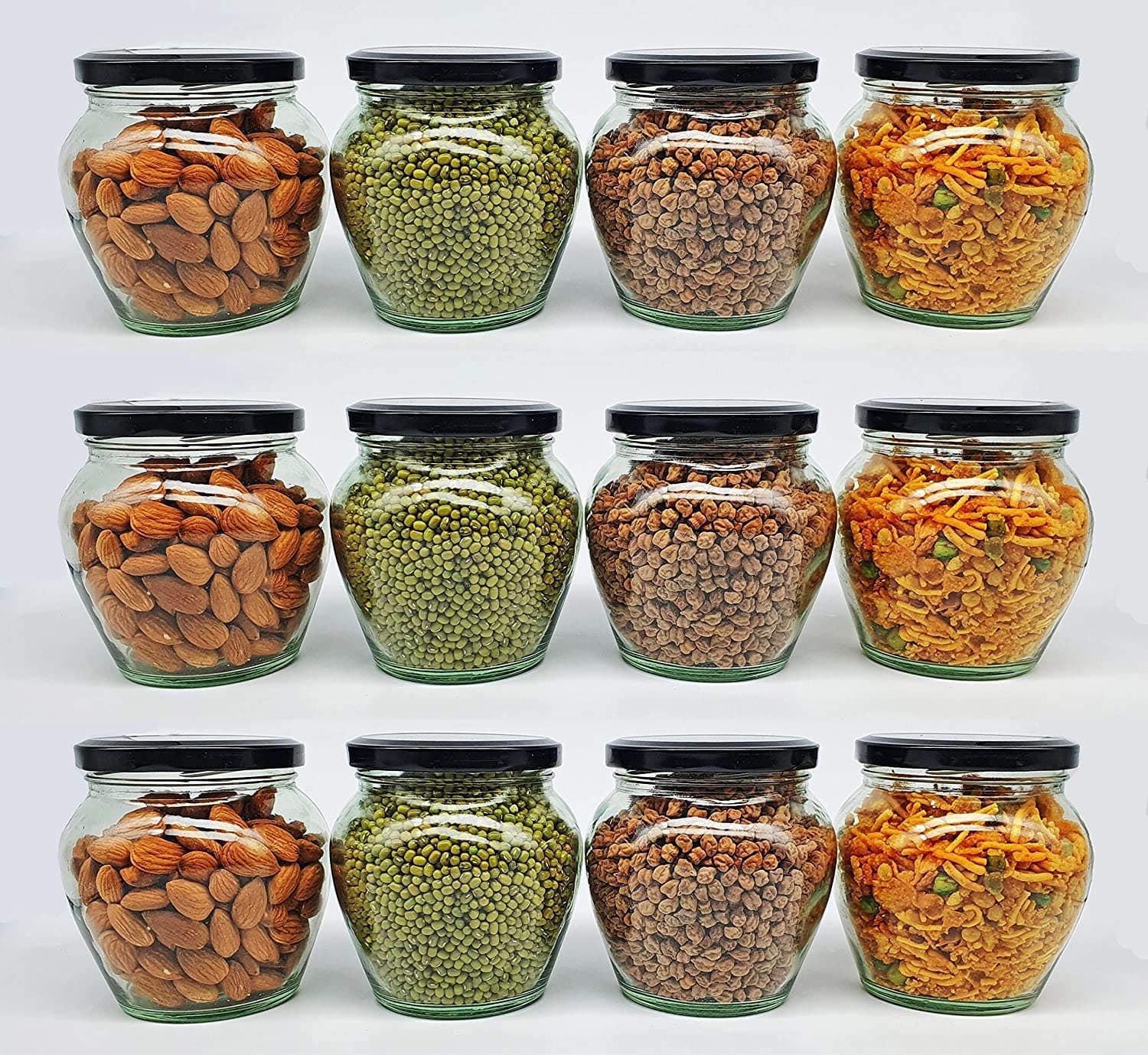SITOVI Transparent Glass Jar and Container Air Tight Black Lid for Kitchen 400 ml Mataki Glass Jar with Airtight Metal Lid Pack of (9)
