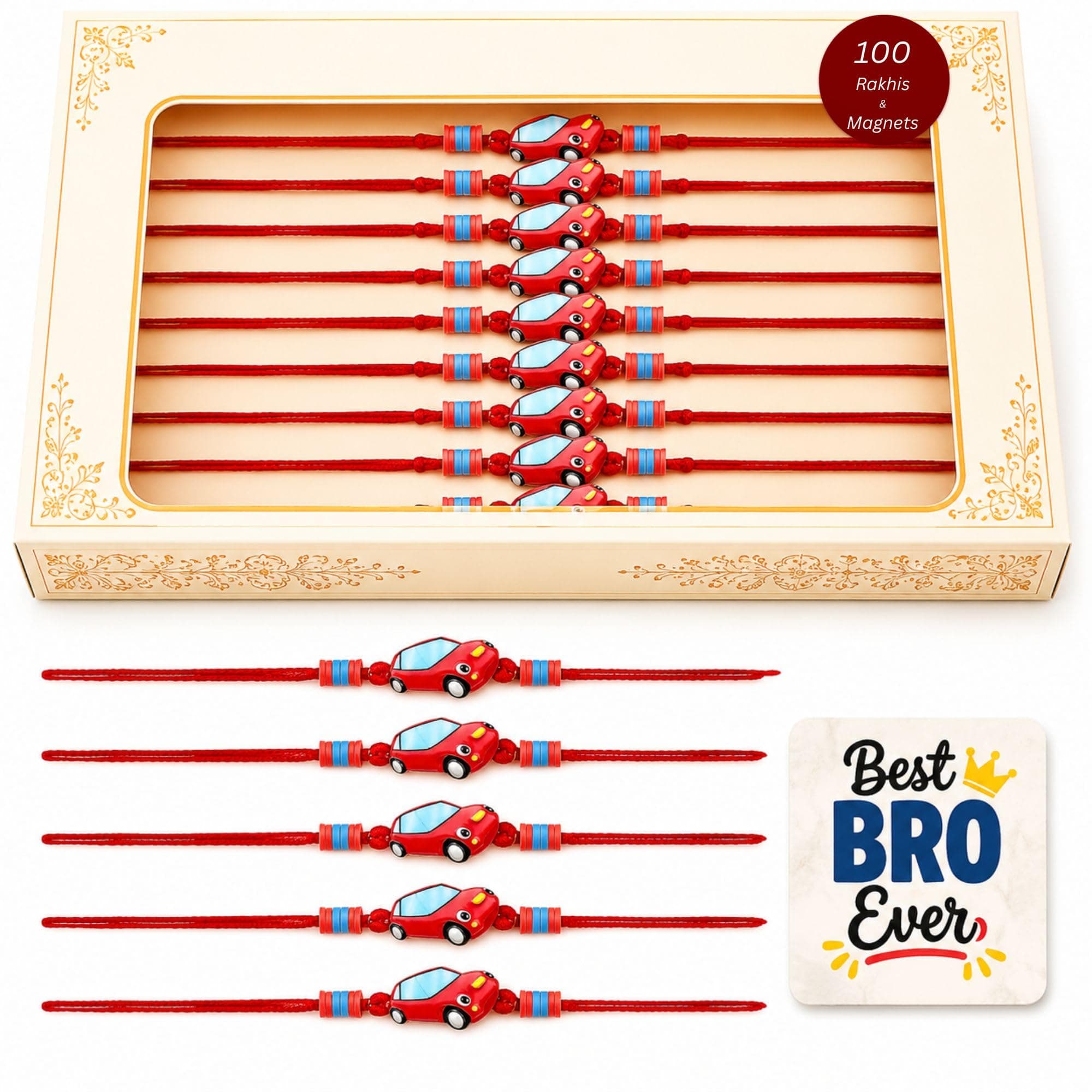 eCraftIndia Pack of 100 Cartoon Car Rakhi for Kids Brother Boys Girls | Designer Raksha Bandhan Rakhi for Bhai Bhaiya | 100 Best Bro Ever Fridge Magnets | Roli Chawal Pack Gift Set