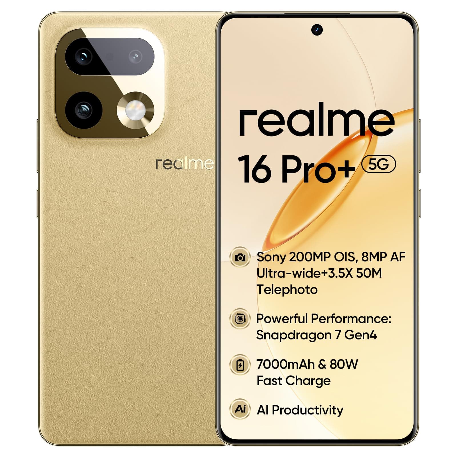 realme 16 Pro+ 5G, Smartphone 8+128GB, Qualcomm Snapdragon 7 Gen 4, 200MP OIS, Curved Display 6.8“ 144Hz, Battery 7000mAh, IP69, IP69 Master Gold