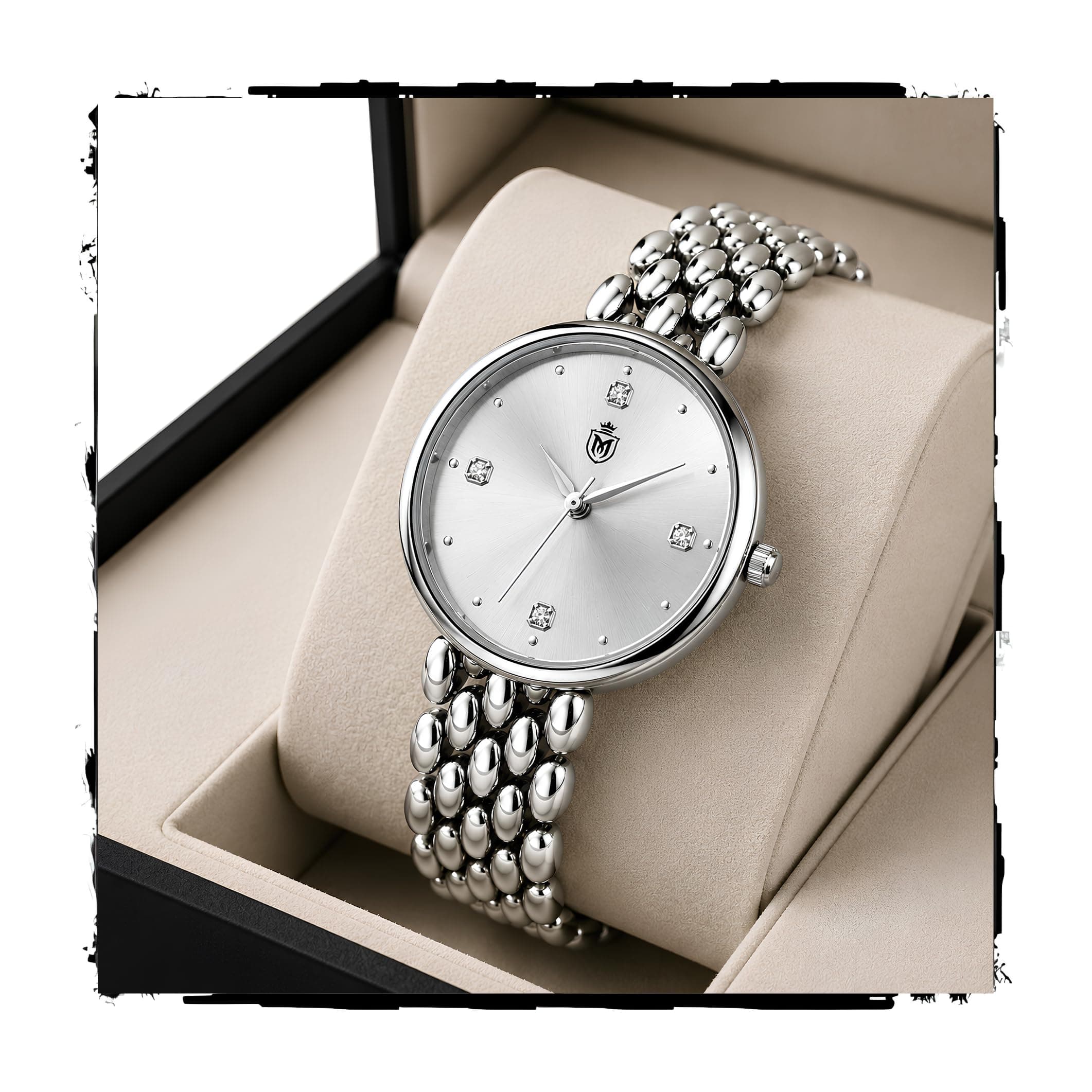 MOOVER Analog Watch for Women & Girls | Luxury Bracelet Style Ladies Wrist Watch | Crystal Dial with Premium Stainless Steel Chain Strap | Fashion Watch for Daily Wear, Party & Gift (Silver)