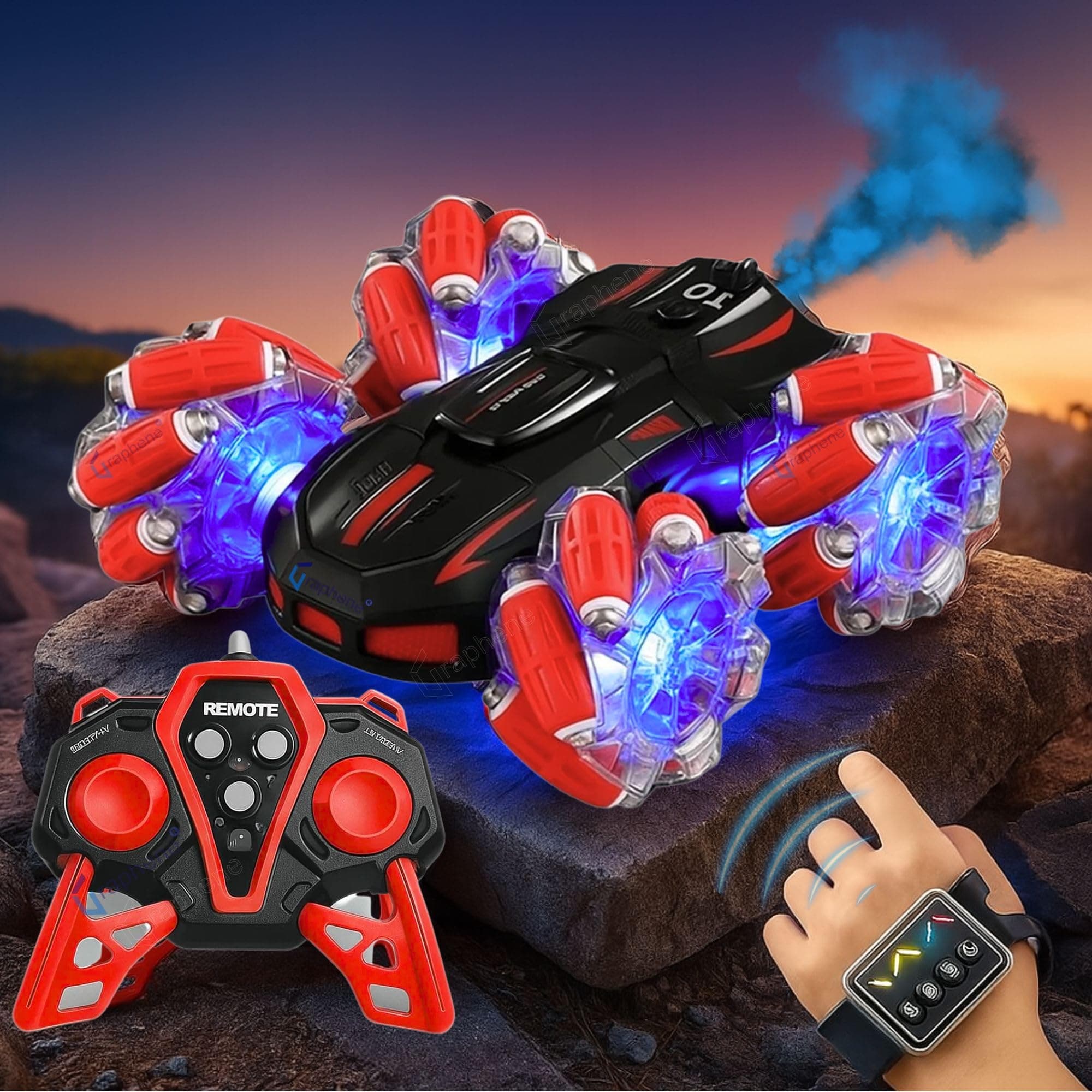 GRAPHENE 4x4 RC Remote Control Car Toy for Kids Boys Adults Stunt Drift Car Hand Sensor Gesture Control 360° Spin 4WD High Speed Spray Mist Crawler Rotating Off Road Smoke Racing Car for 5+ Years