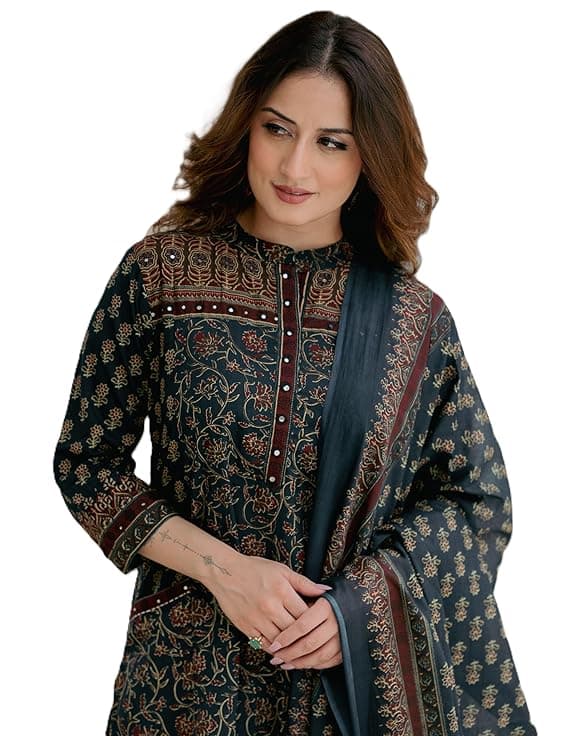 Arayna Women’s Cotton Printed Kurta Set with Palazzo Pants and Dupatta | Ethnic Straight Kurta