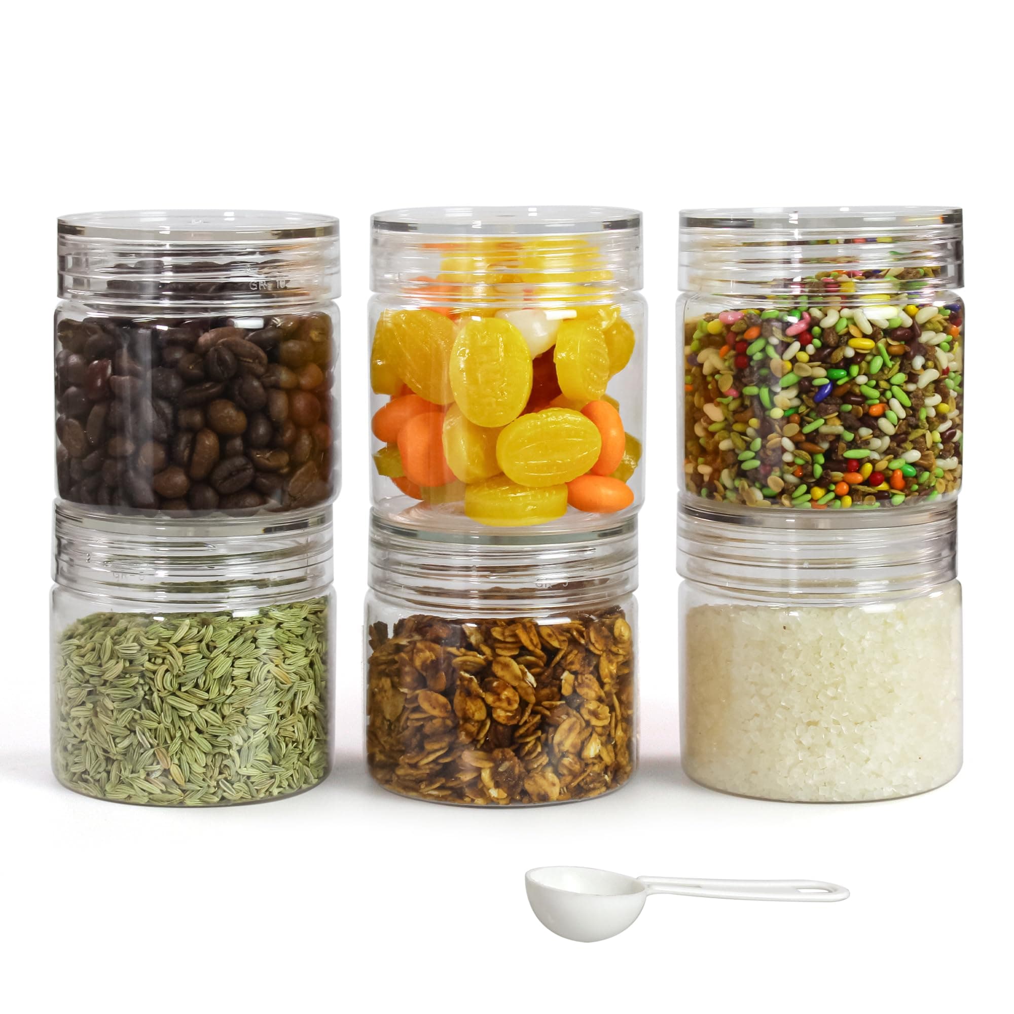 PEARLPET Plastic Containers for Kitchen Storage | Plastic Container Set with Spoon | BPA-Free, Stackable Jars | Transparent, 200 ML (Set of 6)