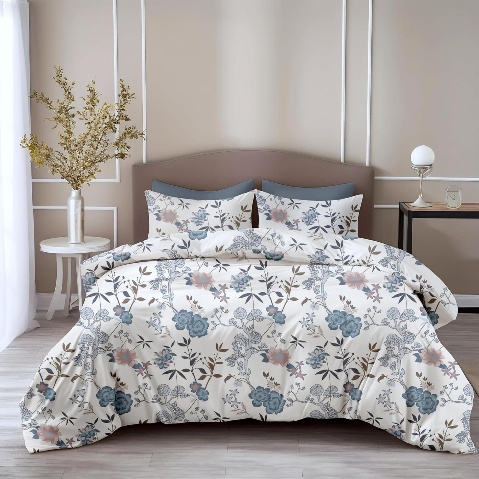 LORETO - A QUALITY LINEN BRAND 100% Pure Cotton Bedsheet for King Size Bed, 144TC Soft & Breathable King Size Bed Sheet Cotton with 2 Pillow Covers (Blush & Blue Meadow Blooms, 104 x 104 Inches)